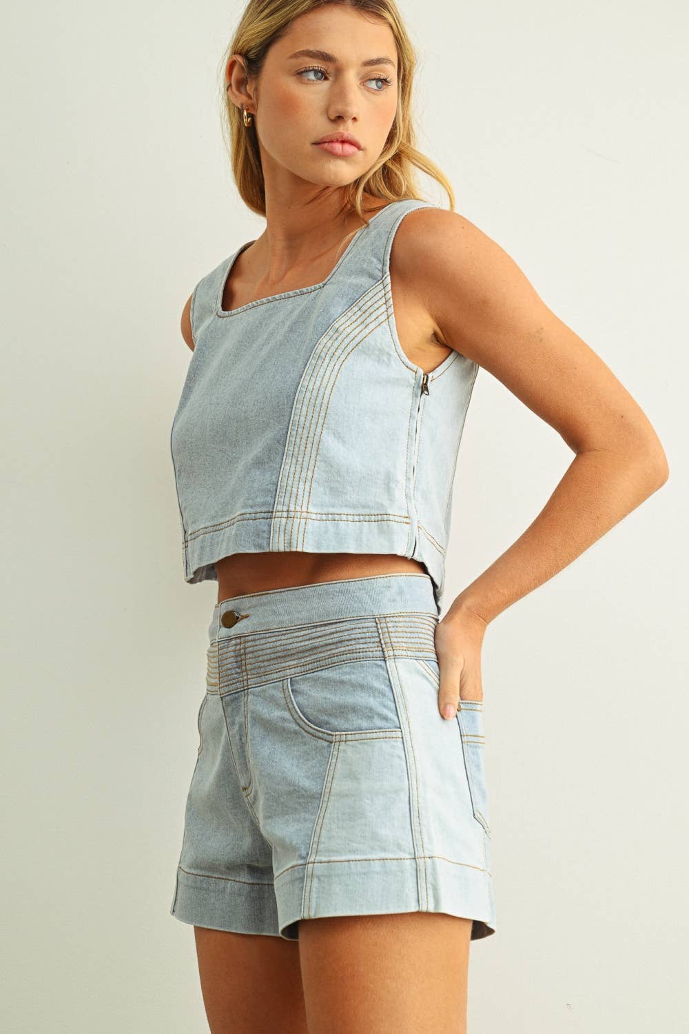 Denim Color Blocked Top: