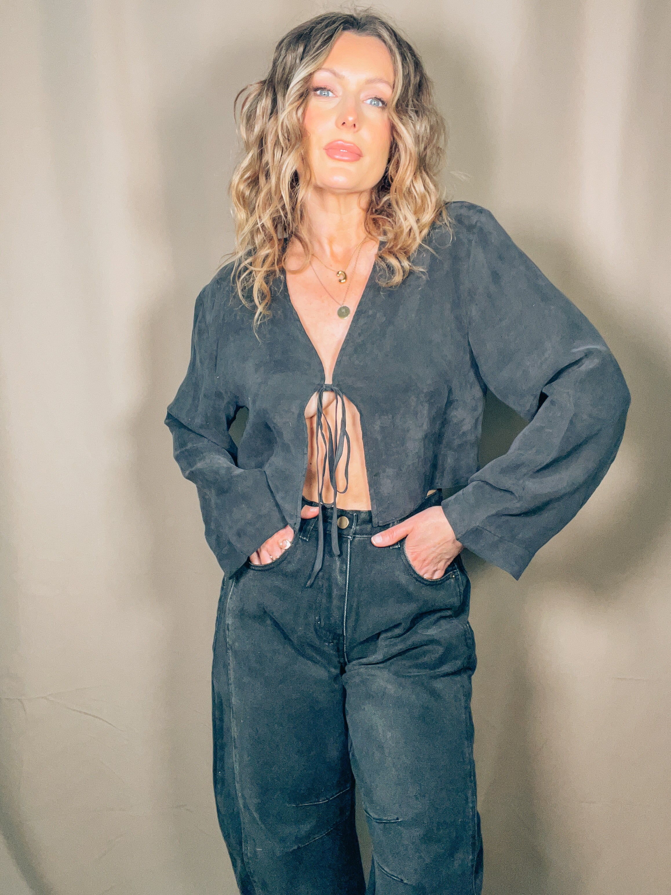 Viscose Tie Front Top:Black