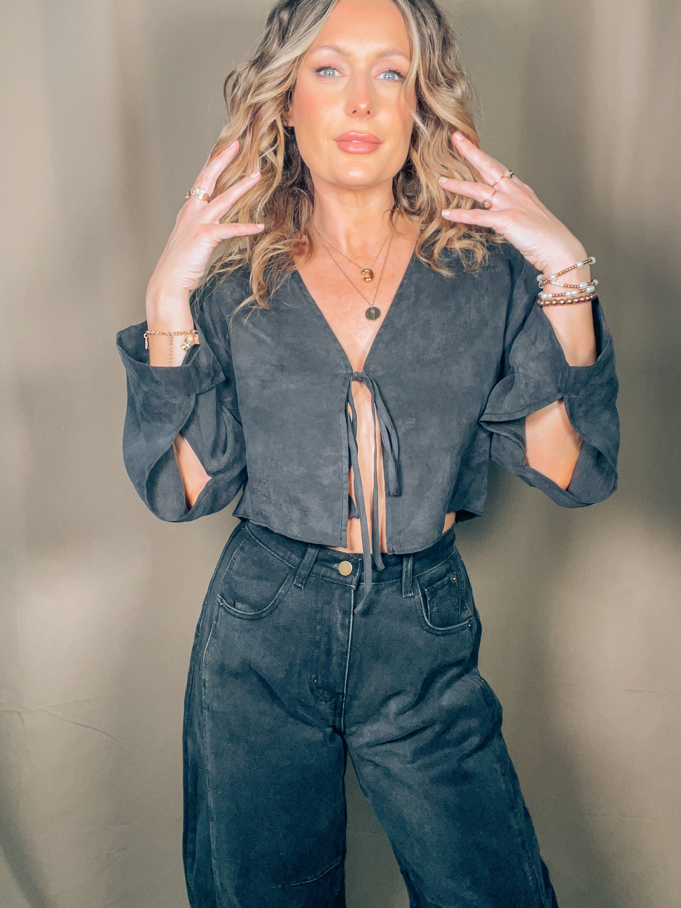 Viscose Tie Front Top:Black