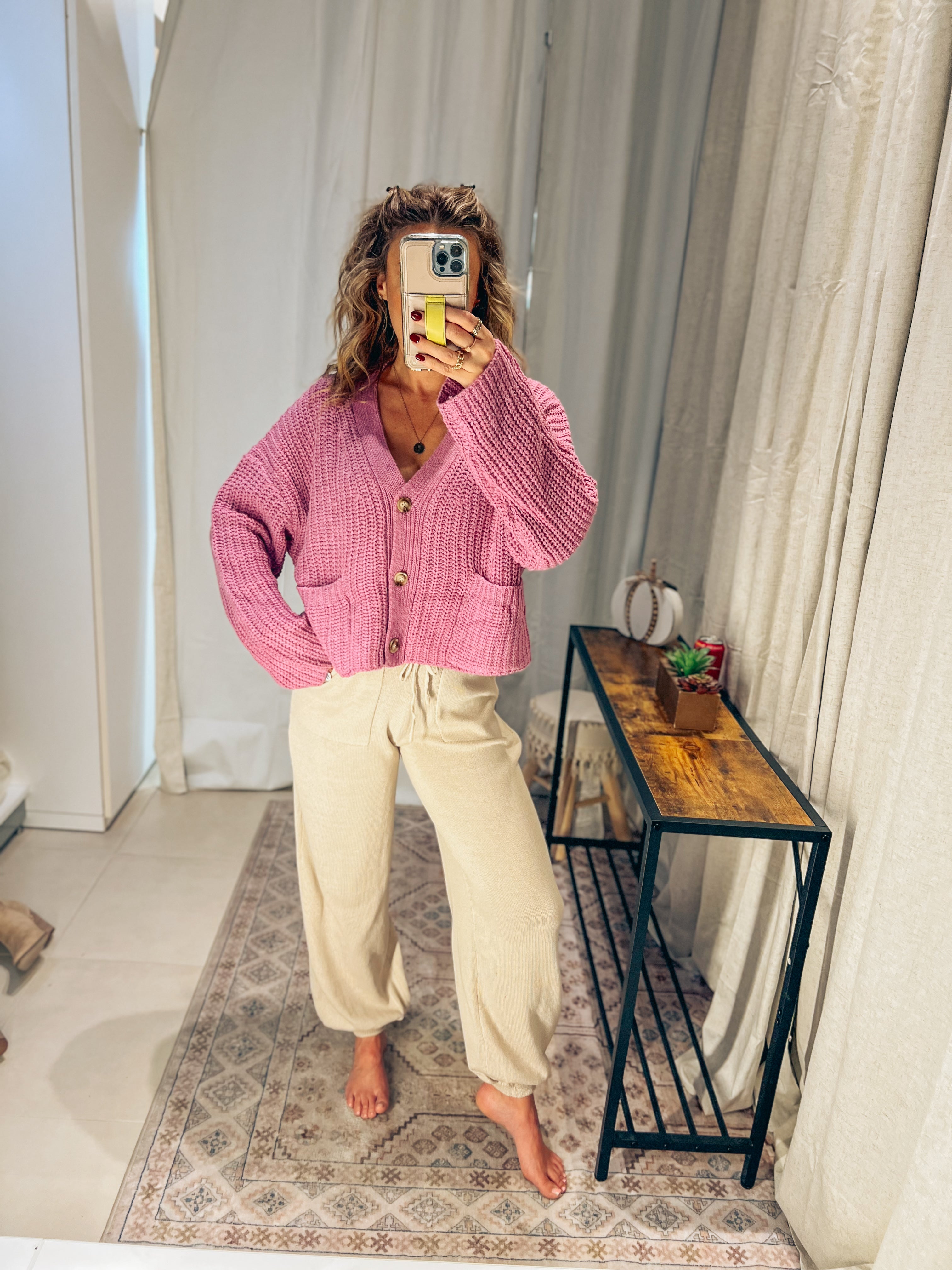 Oversized Ribbed Cardigan:Orchid