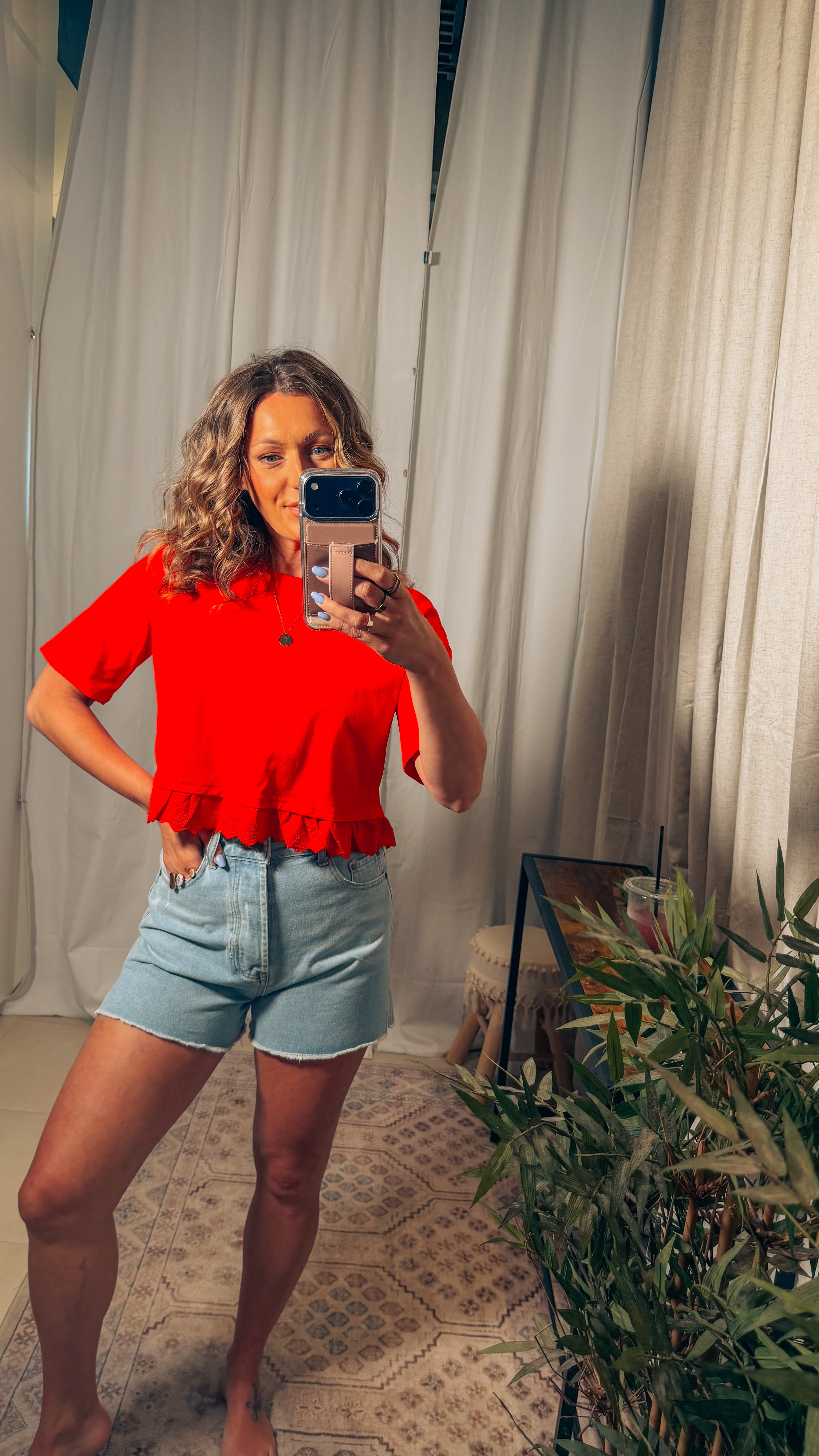 Eyelet Hem Boxy Knit Top: Red