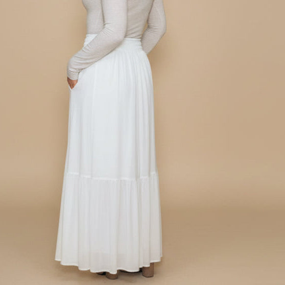 Ruffled Waist Maxi Skirt: Ivory