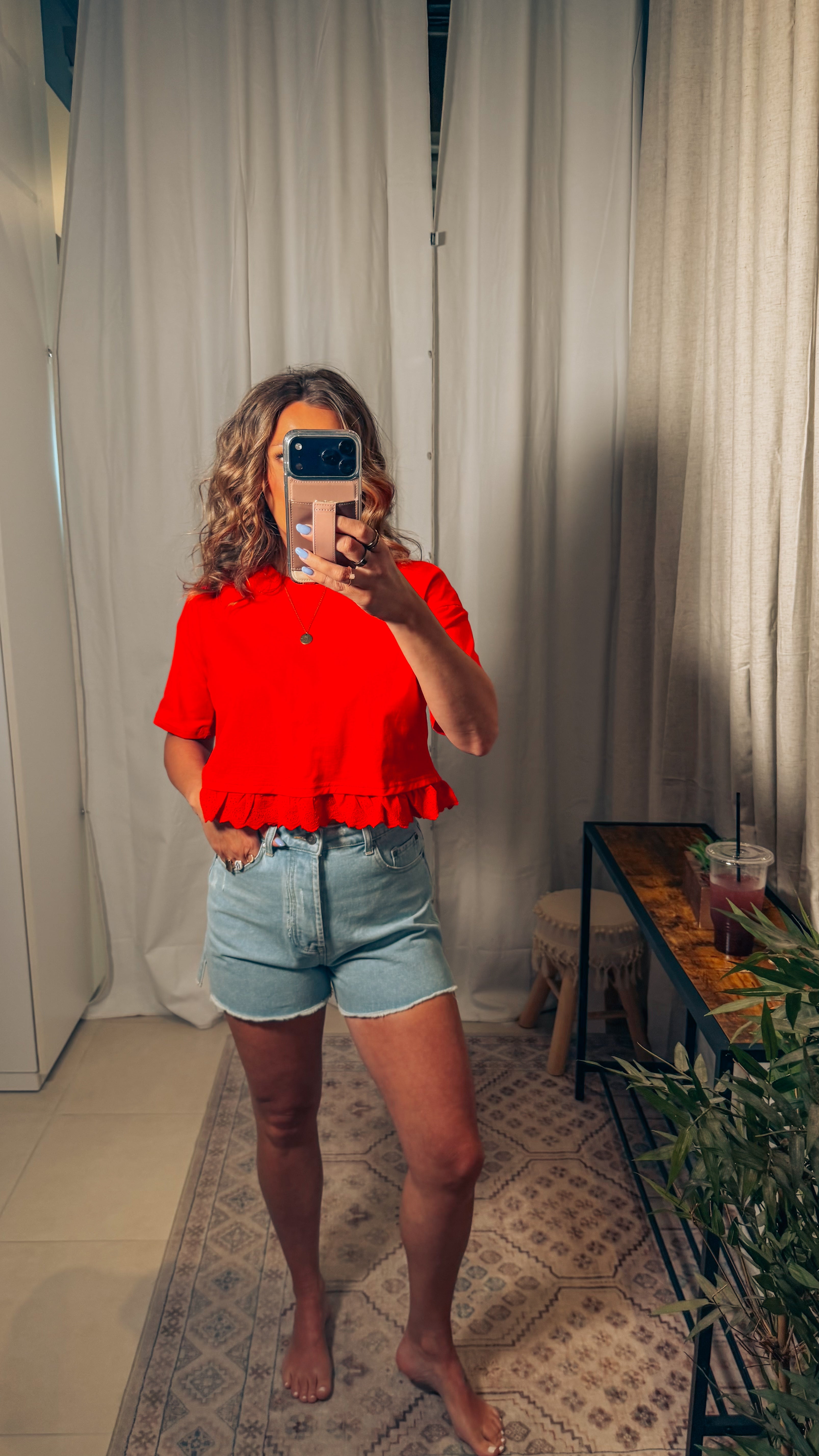 Eyelet Hem Boxy Knit Top: Red