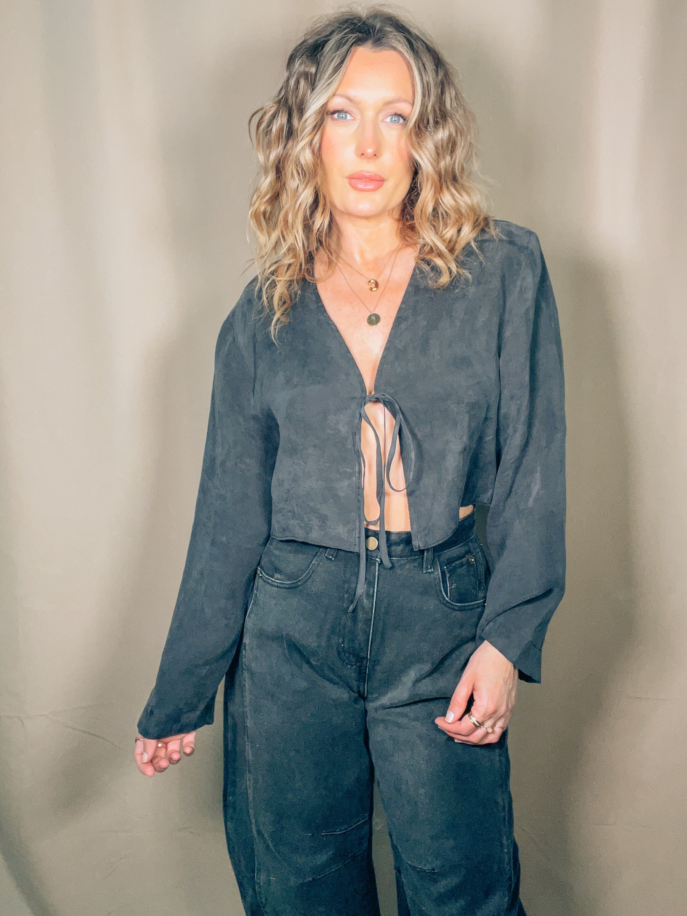 Viscose Tie Front Top:Black