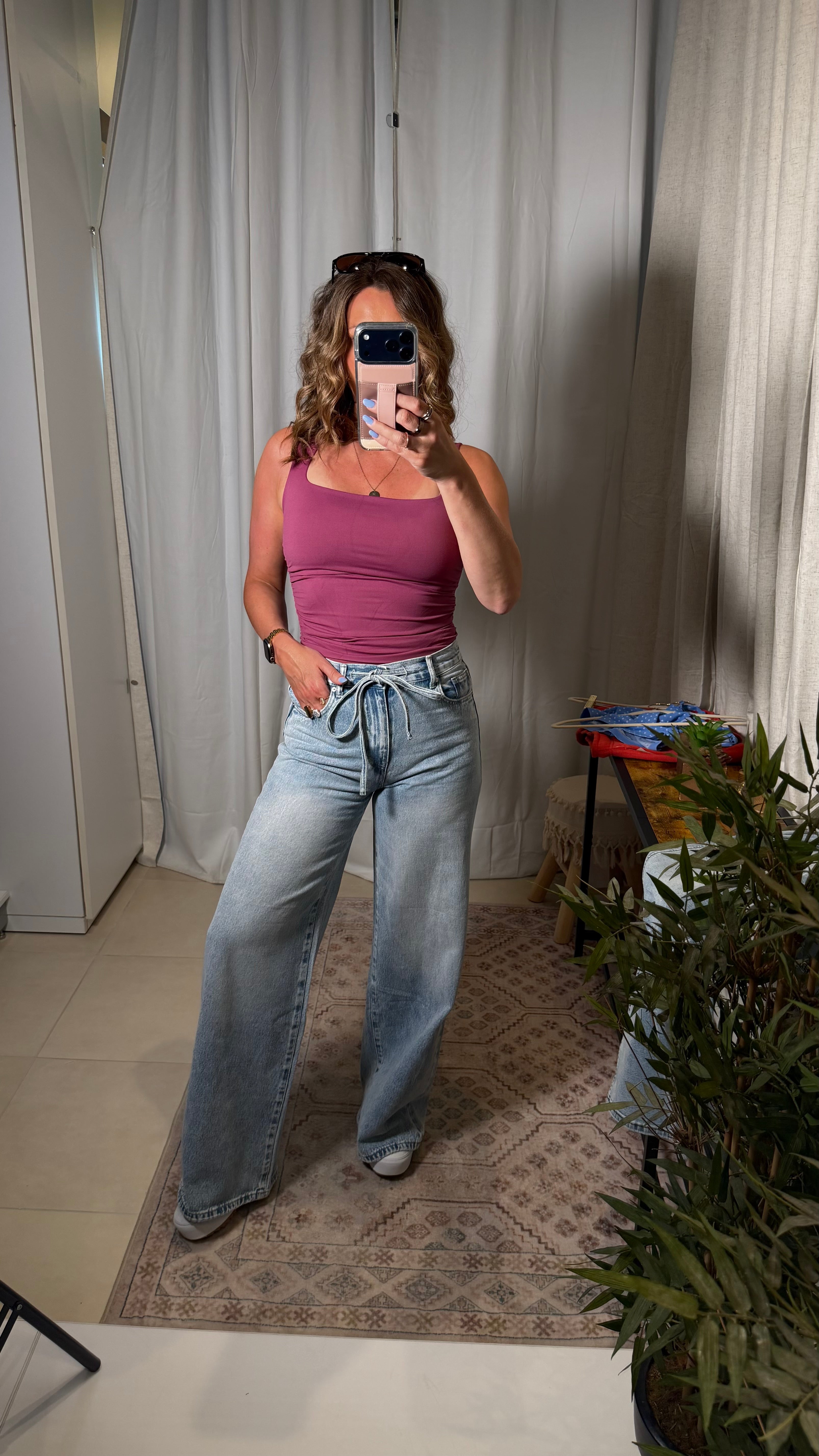 Self Tie Wide Leg Jeans: Denim