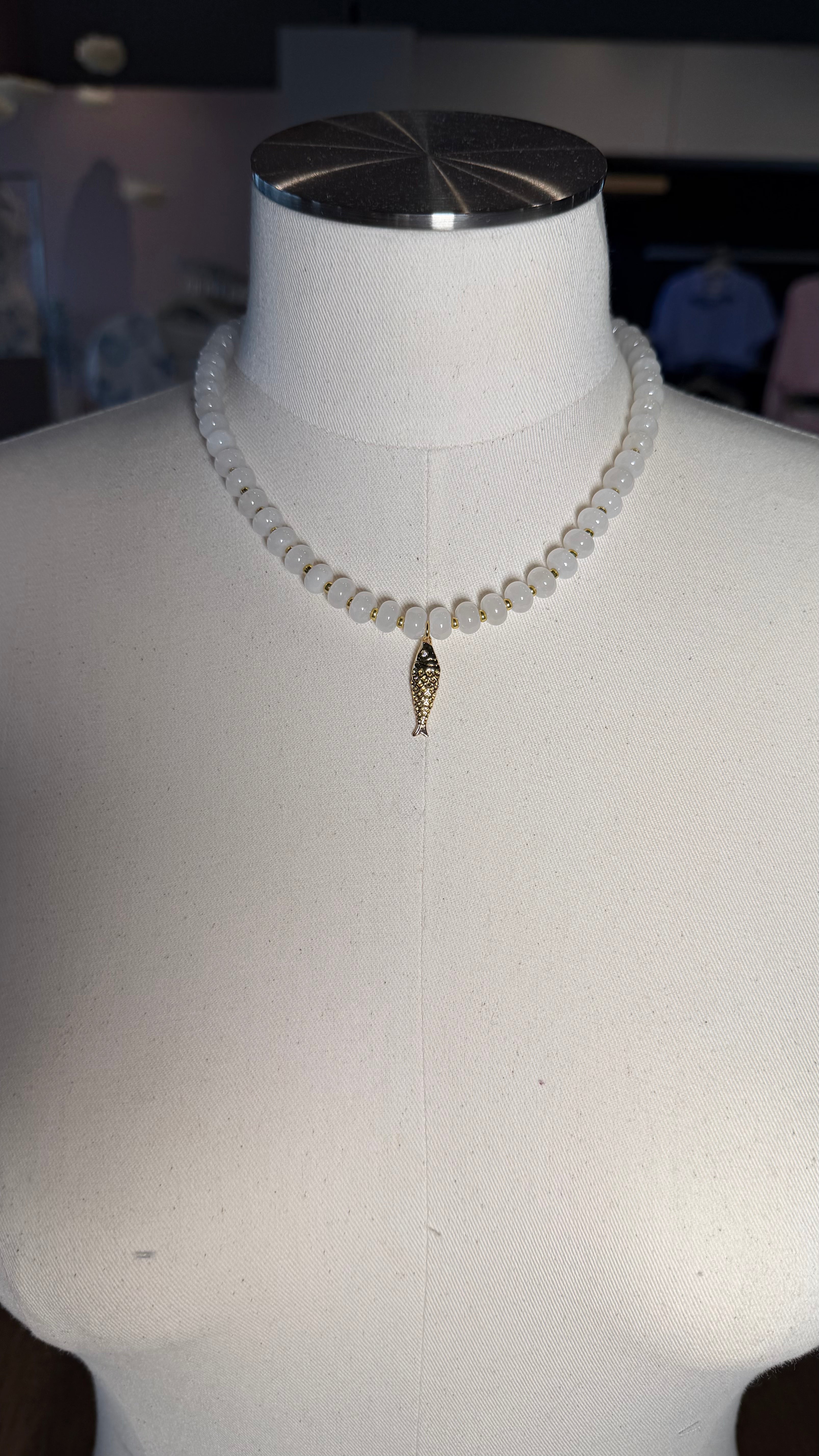 Ivory/Gold Beaded Fish Necklace