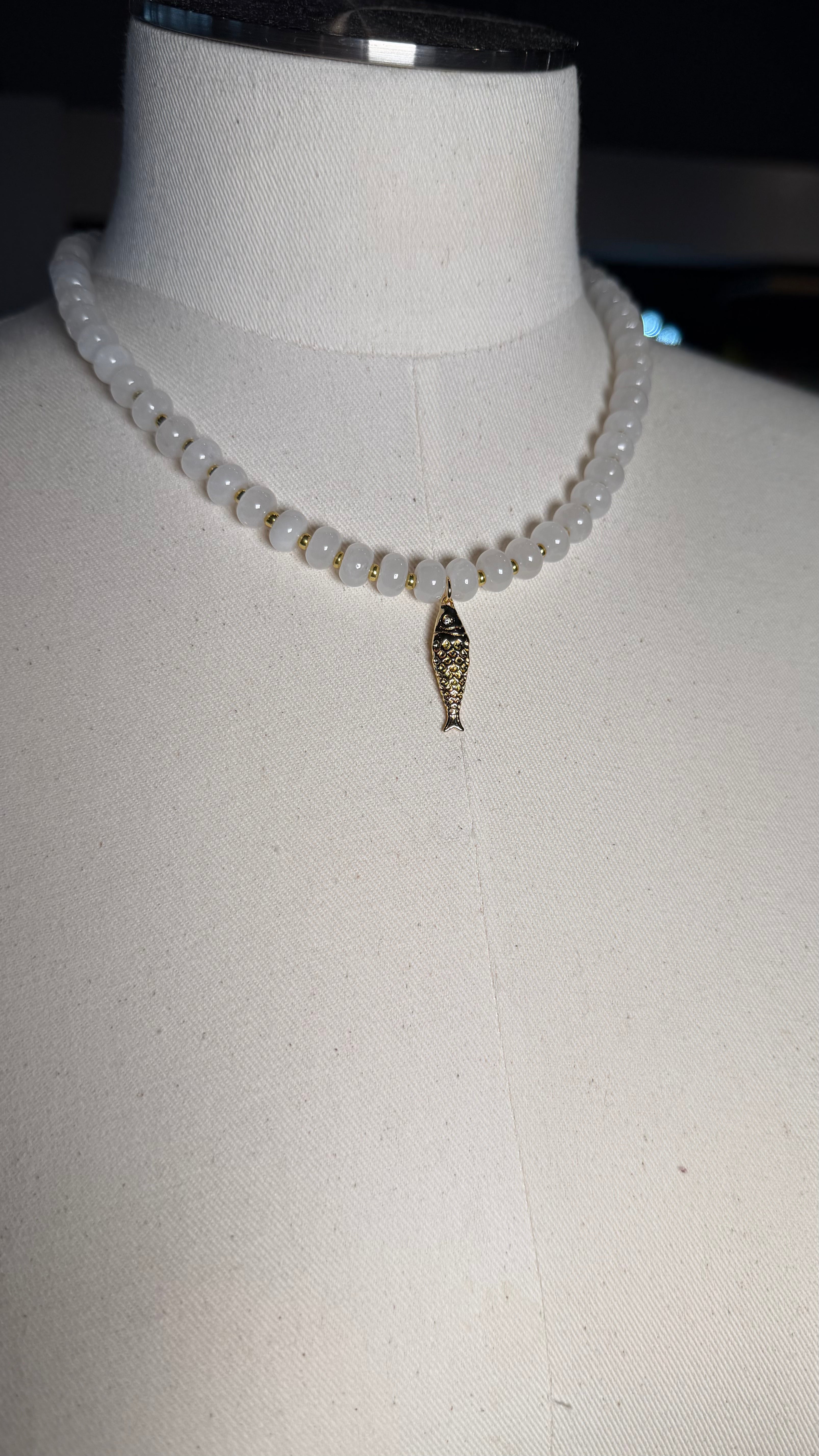 Ivory/Gold Beaded Fish Necklace