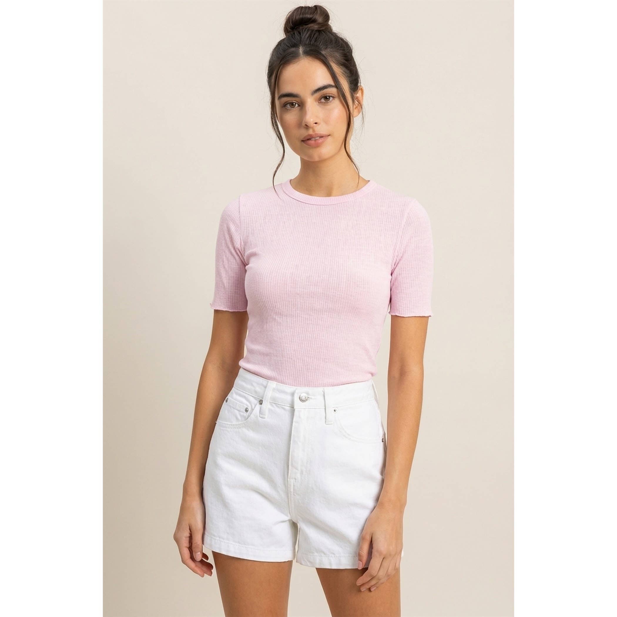 Ribbed Short Sleeve Top: Pink