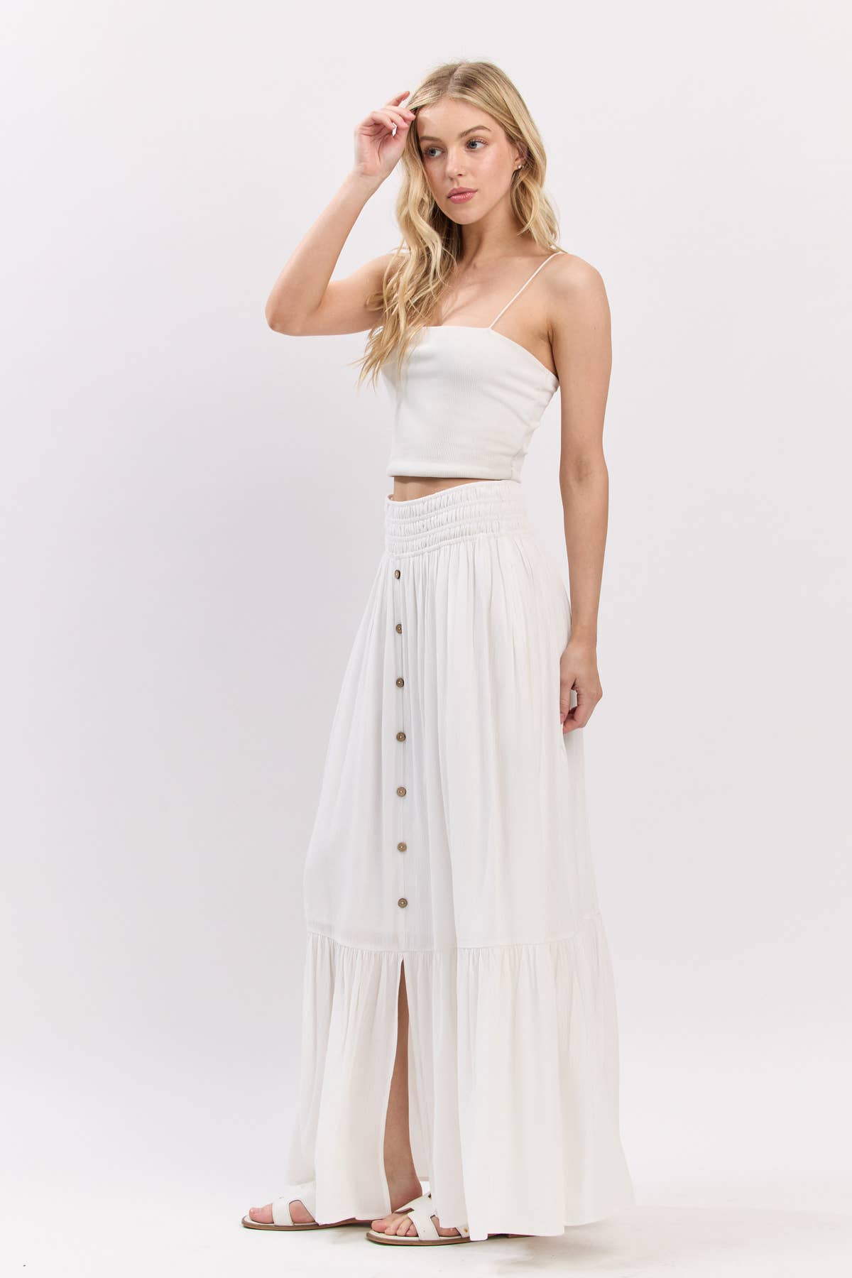 Ruffled Waist Maxi Skirt: Ivory