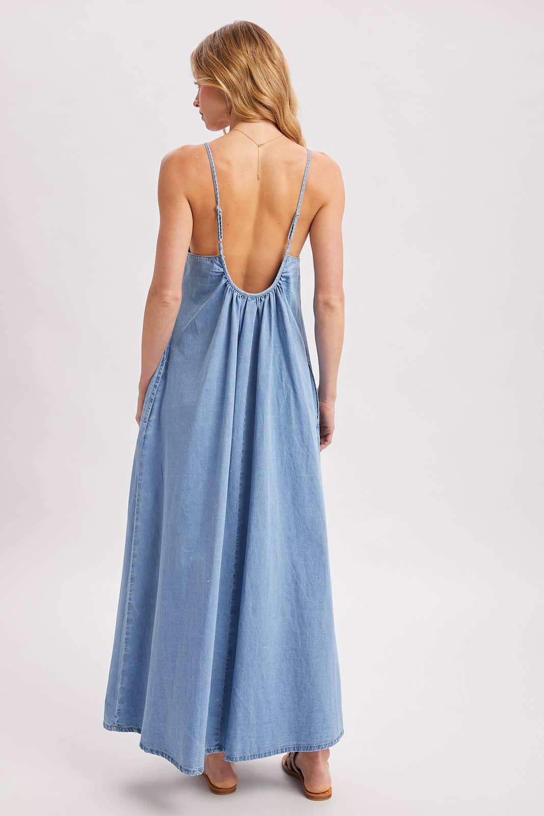 Denim Open Back Dress: Lt.Wash