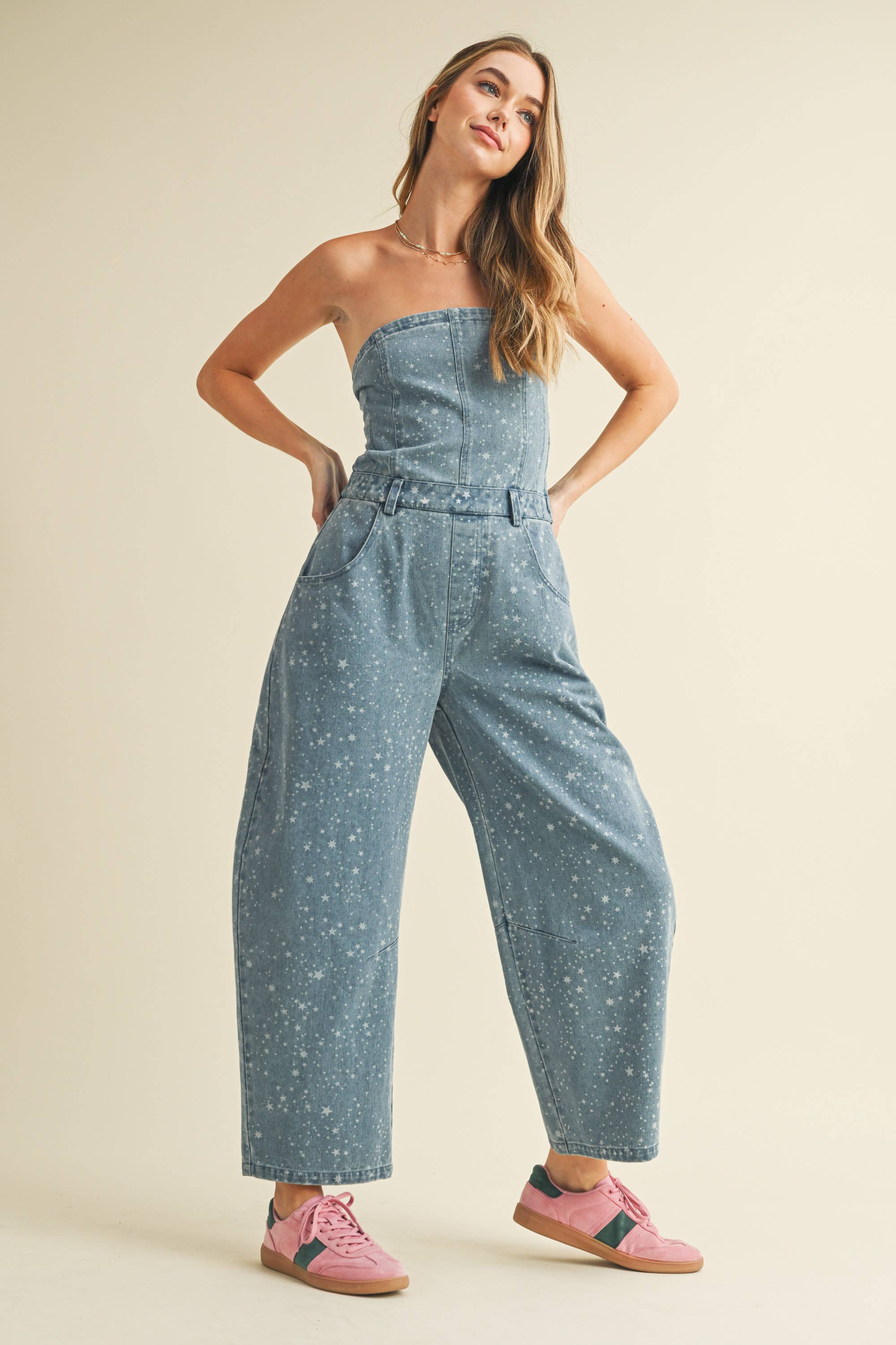 Star Print Barrel Jumpsuit: Denim
