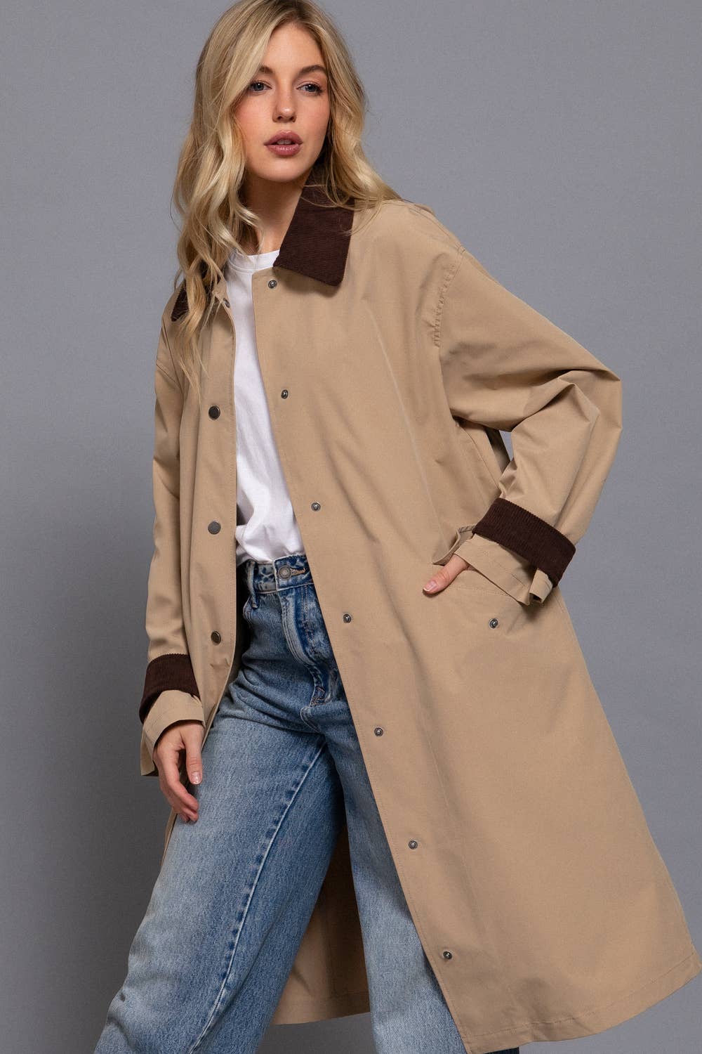 Contrast Collar Trench Coat: Khaki