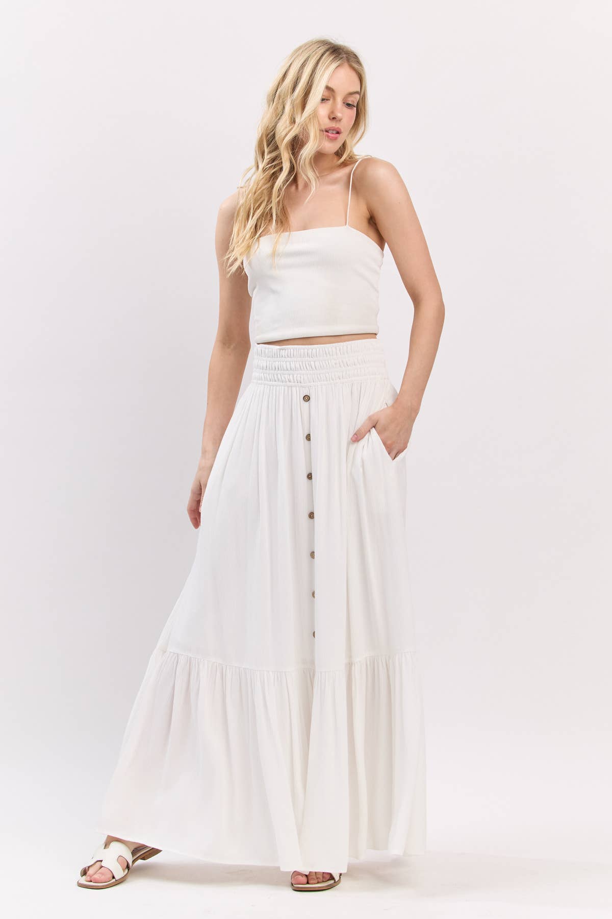 Ruffled Waist Maxi Skirt: Ivory