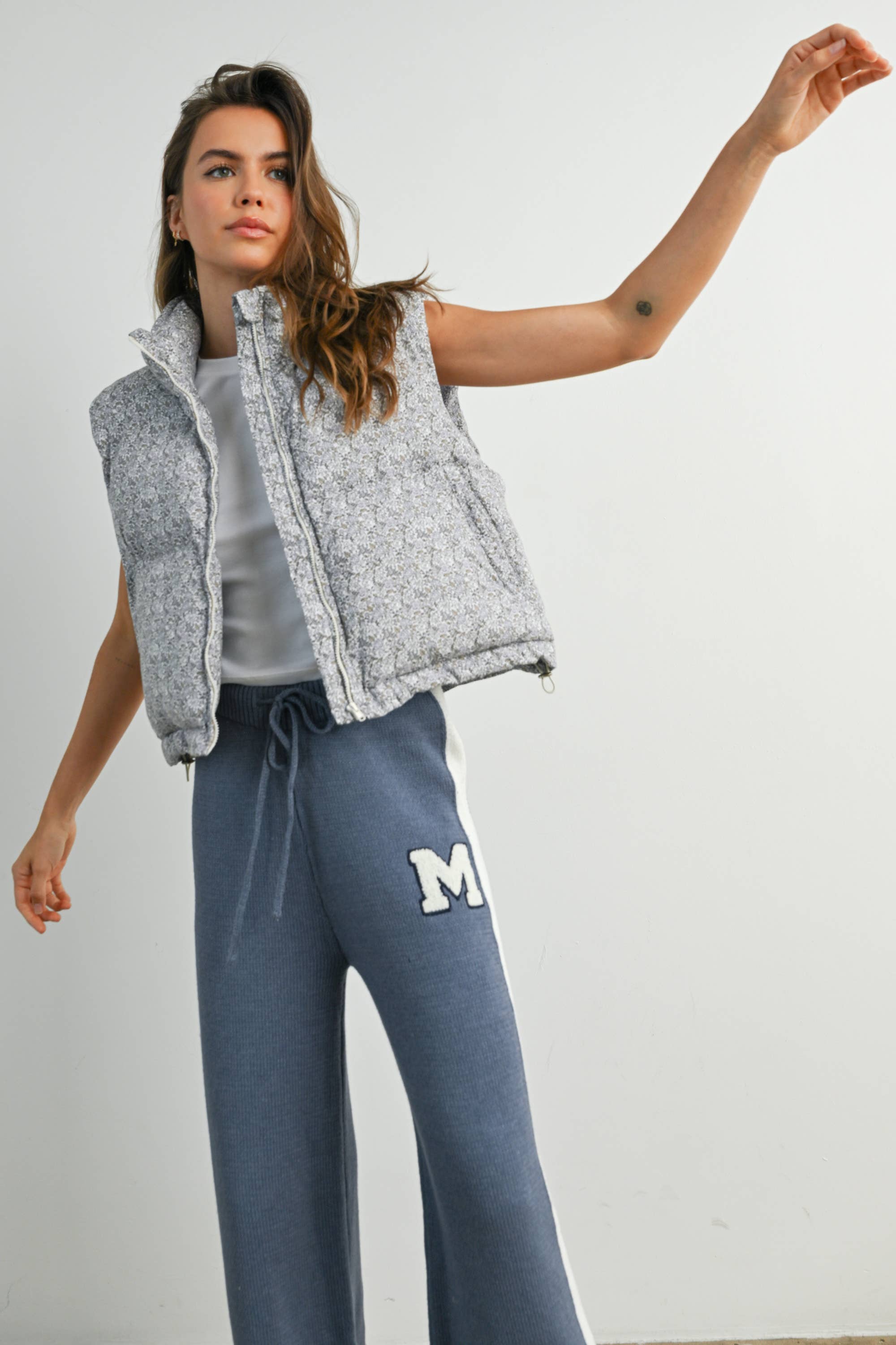 Floral Puffer Vest:Lavender