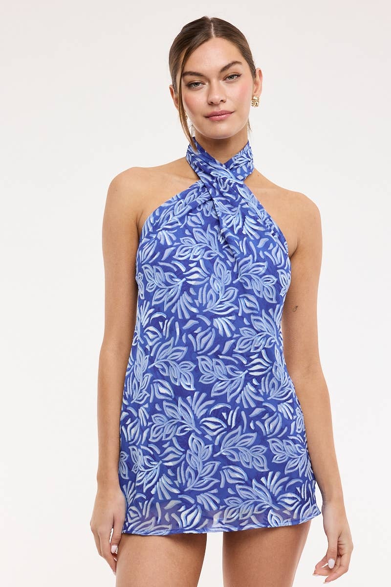 Blue Willow Leaf Mini Dress: