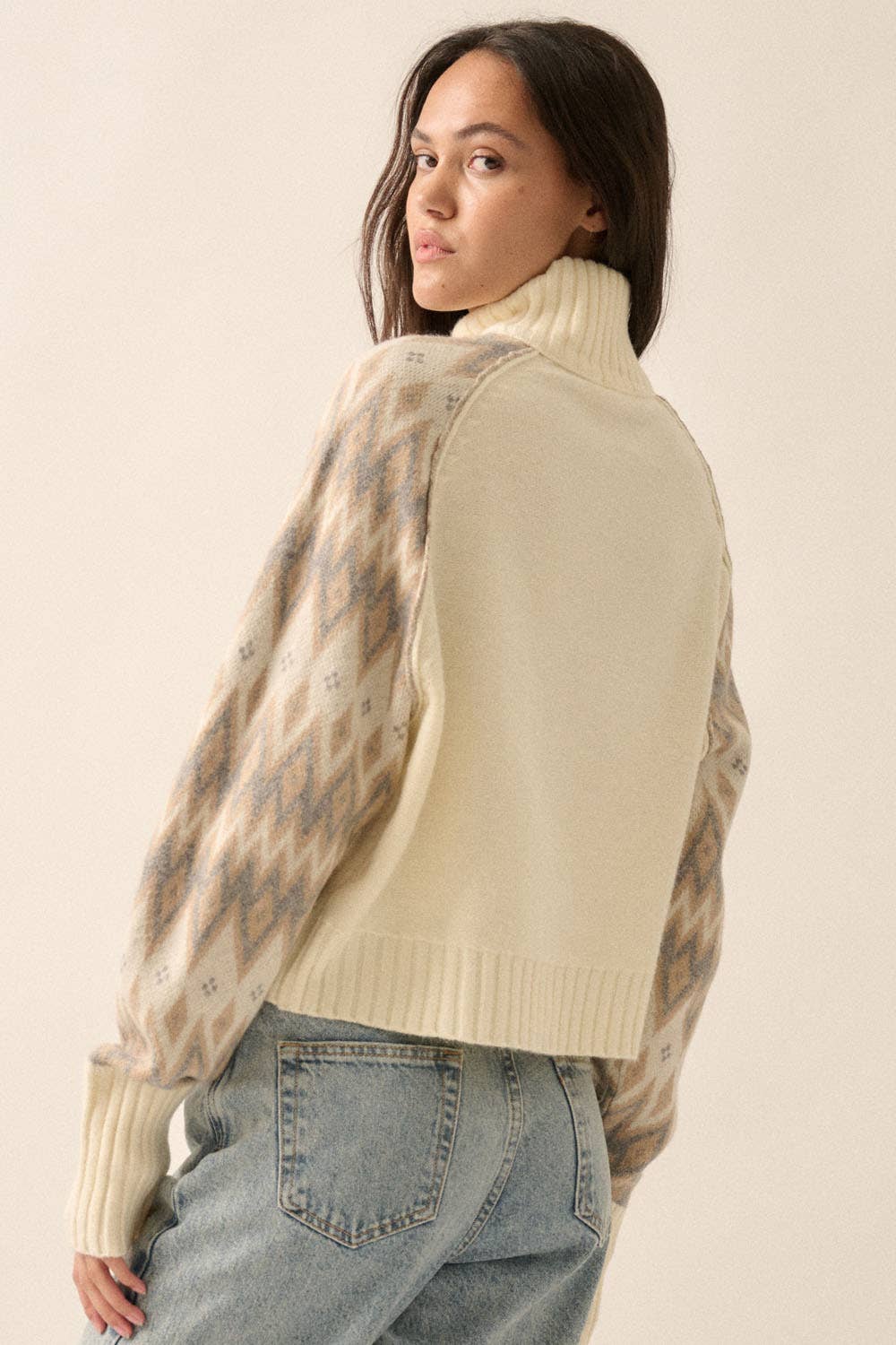 Knit Geo-Print Sweater: Cream