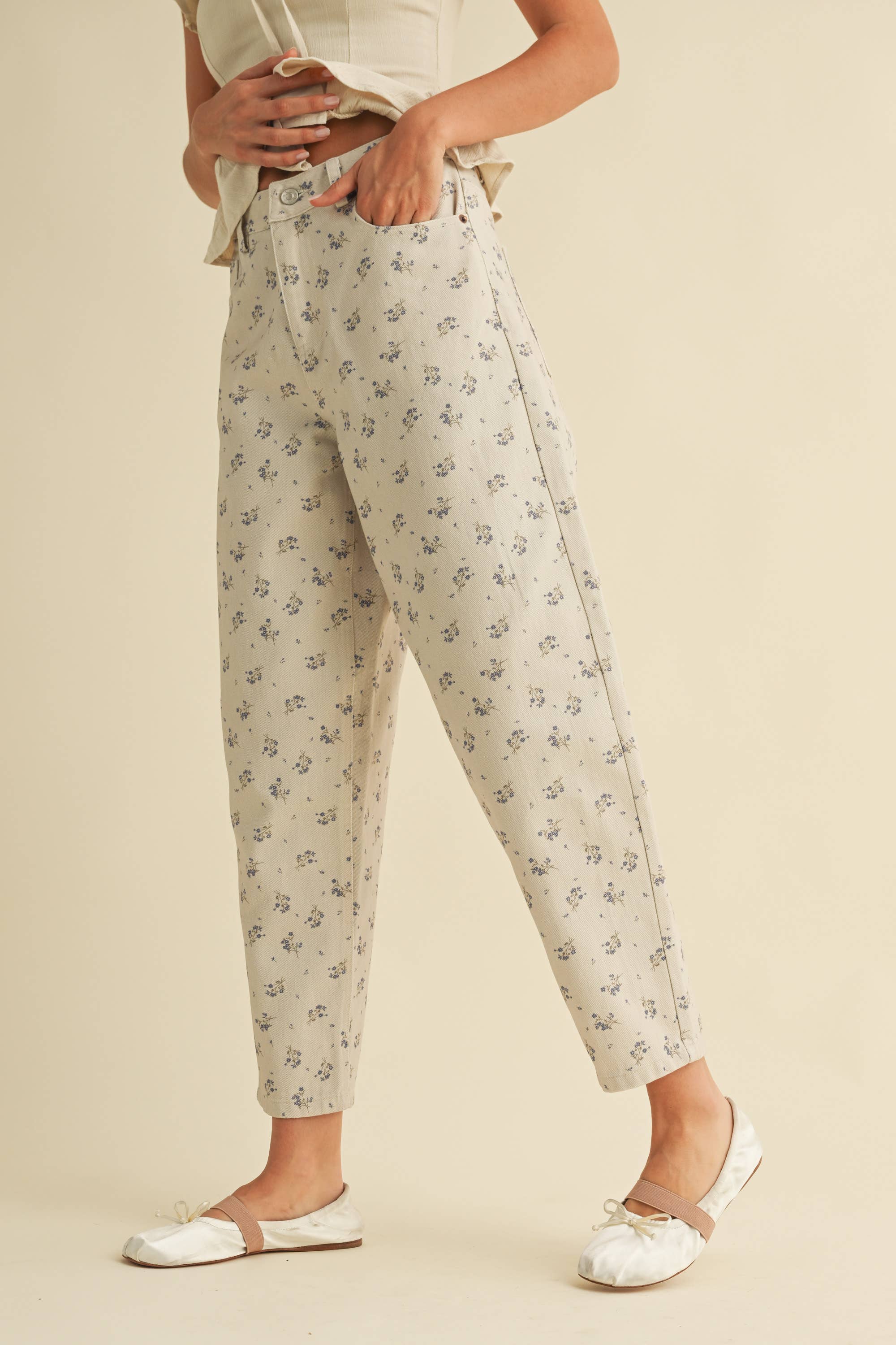 Floral Denim Pants: Cream