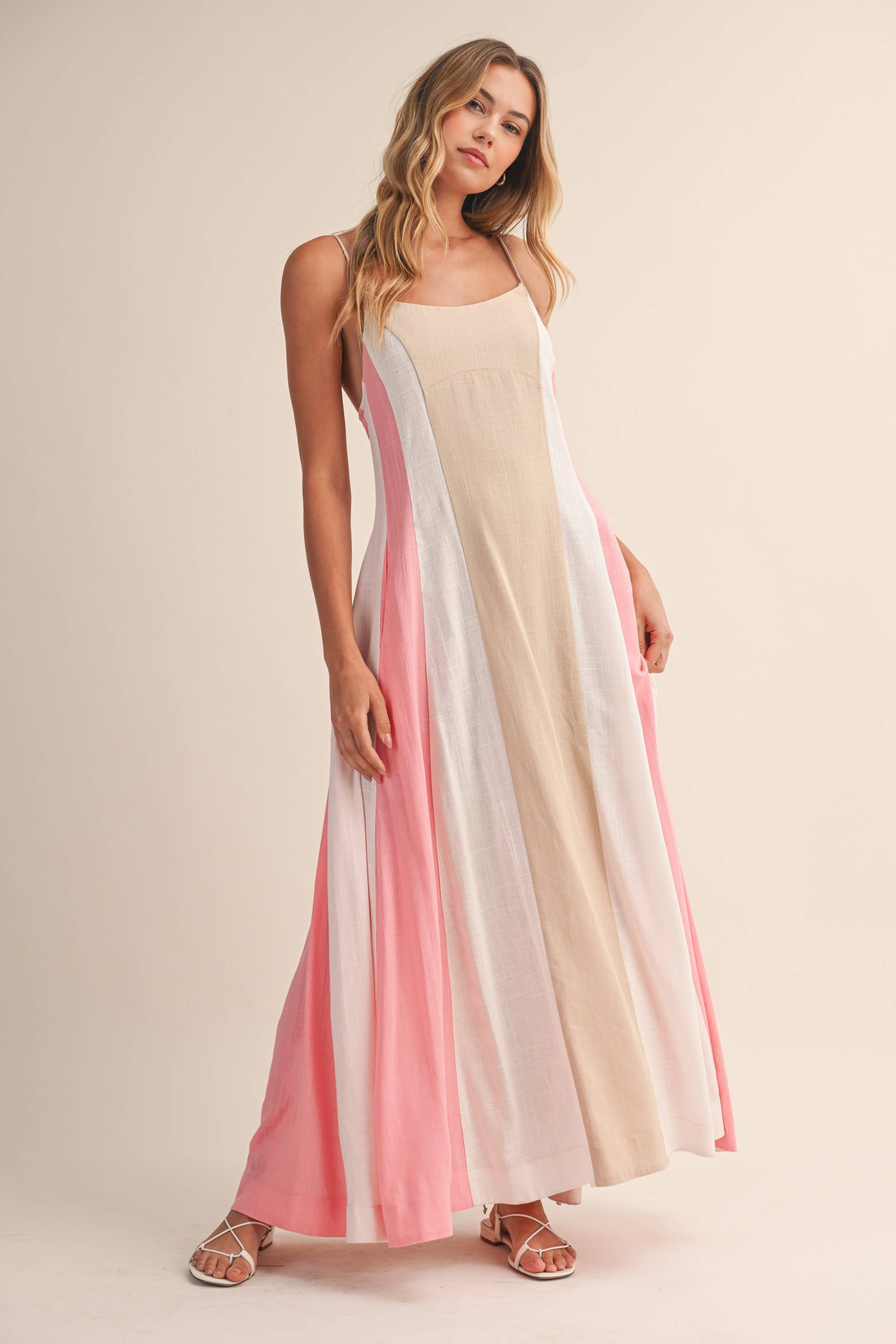 Color-Block Maxi Dress: Beige