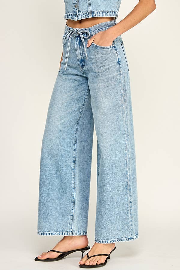 Self Tie Wide Leg Jeans: Denim