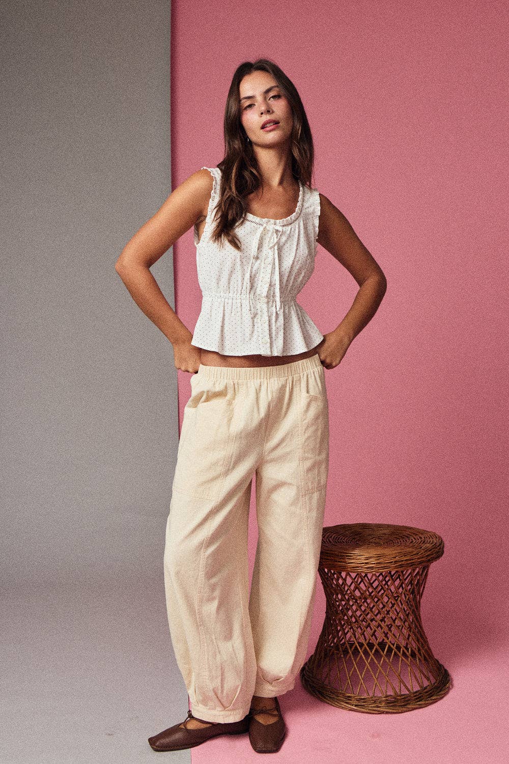 Ruffled Dot Peplum Top: White