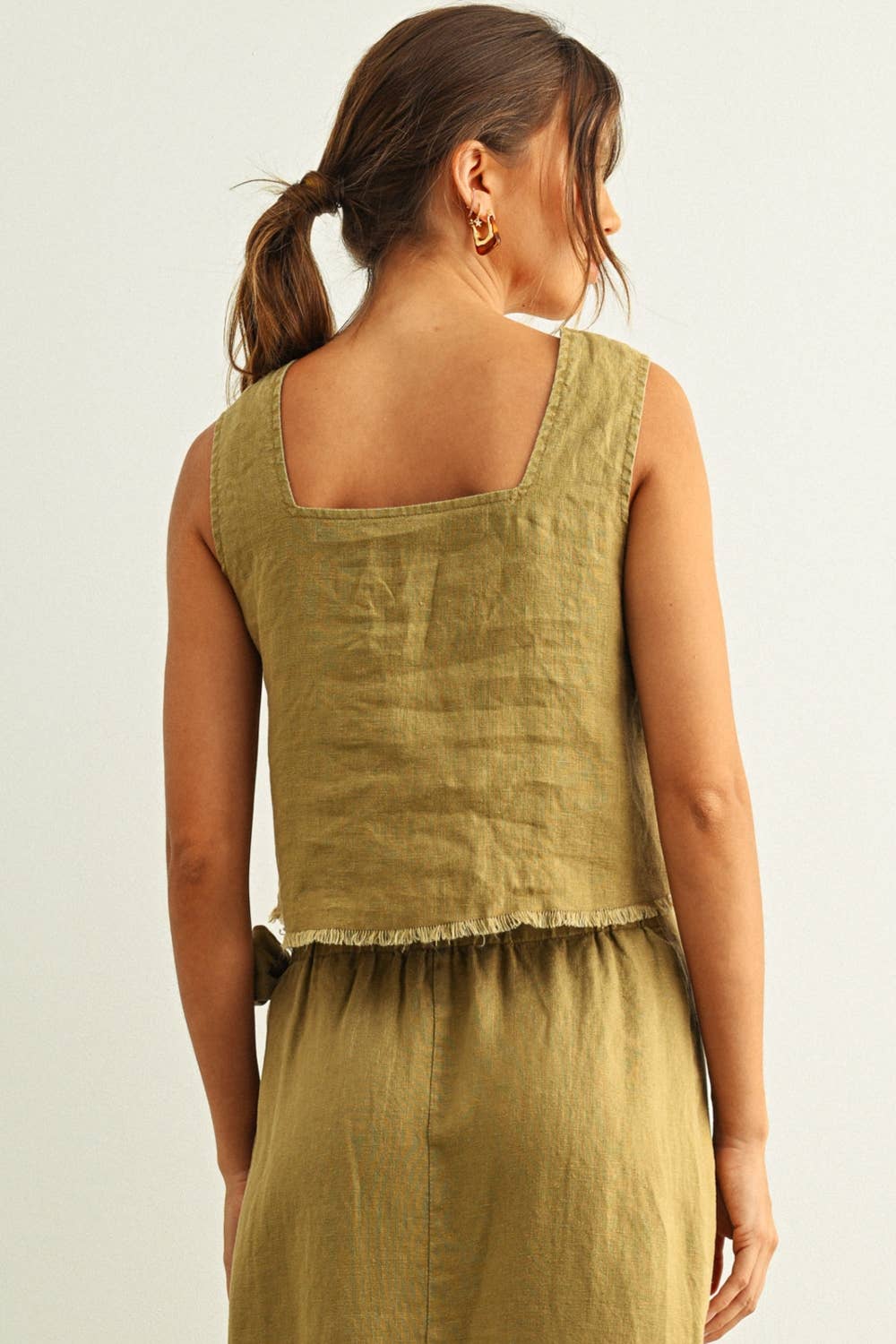 Square Neck Raw Hem Top: Brown