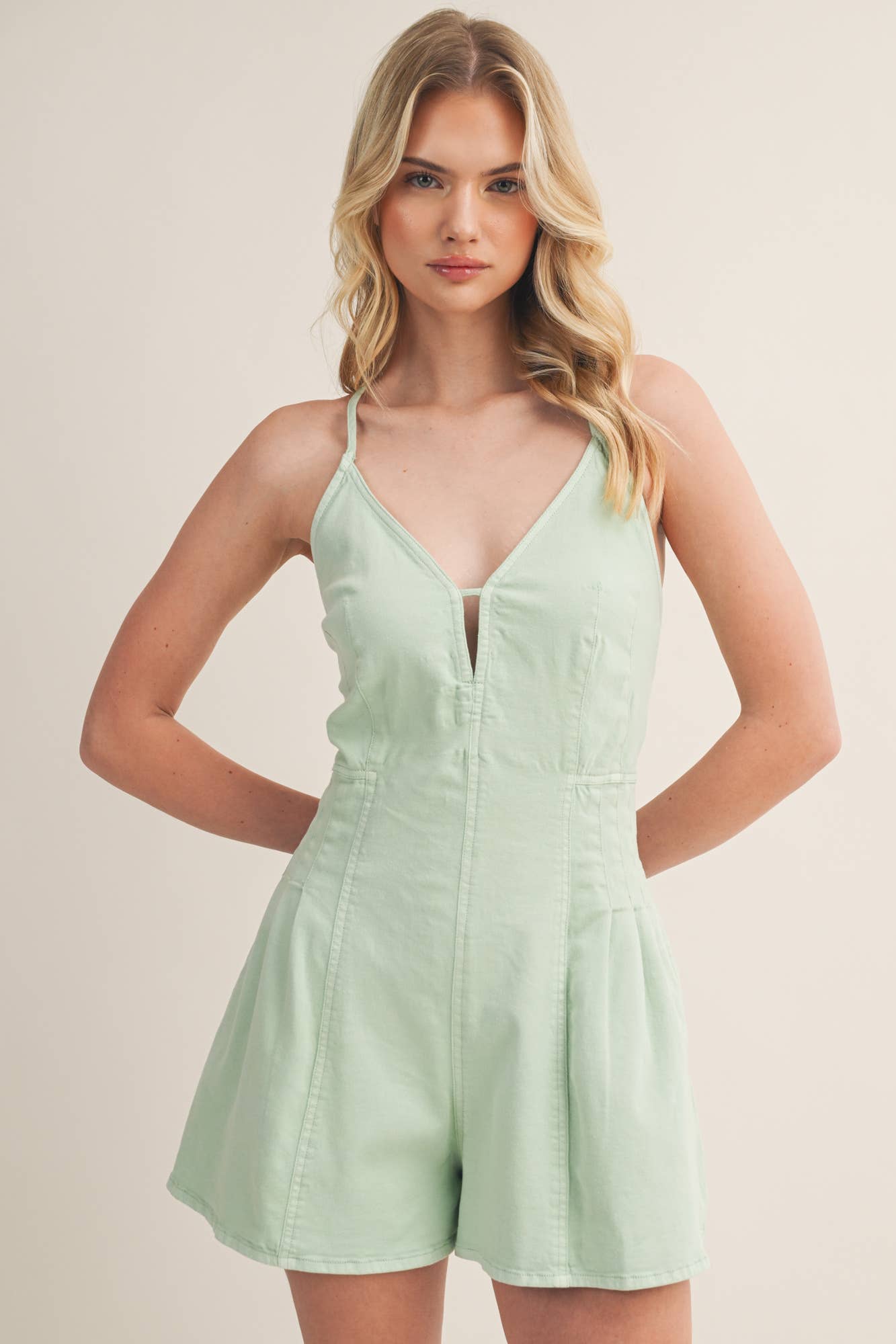 Notched V-Neck Pleated Romper