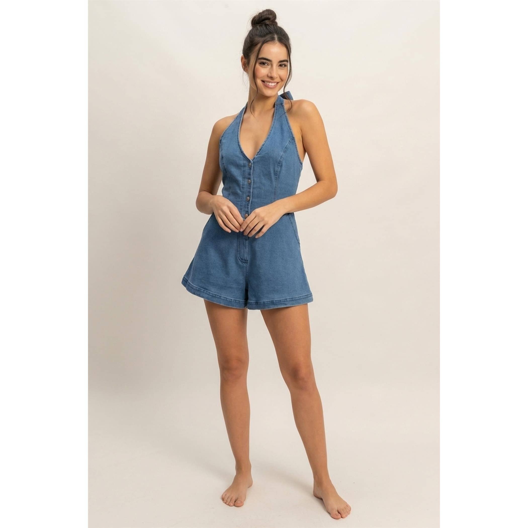 Denim Halter Romper: Med. Blue