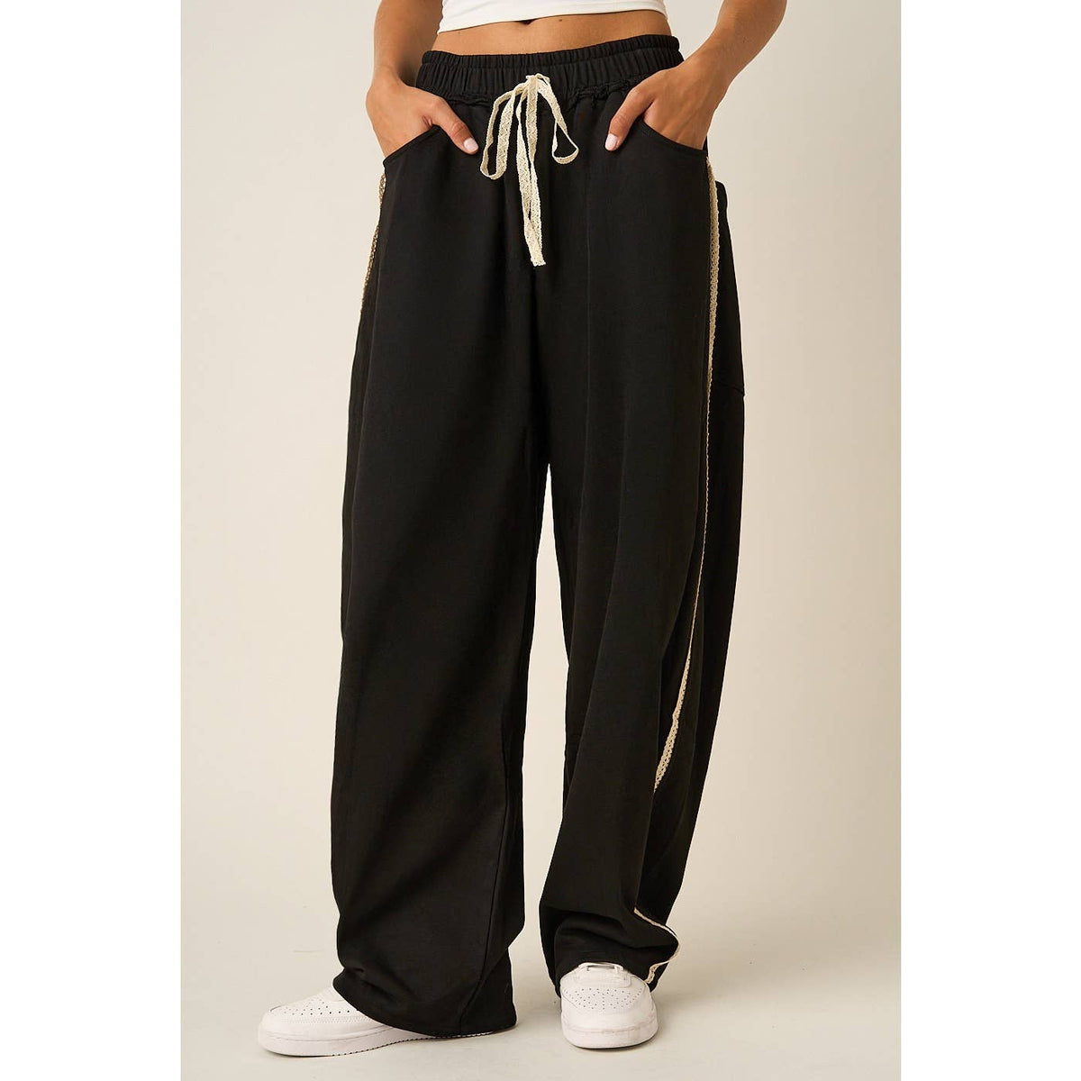 Lace Trim Barrel Sweats: Black