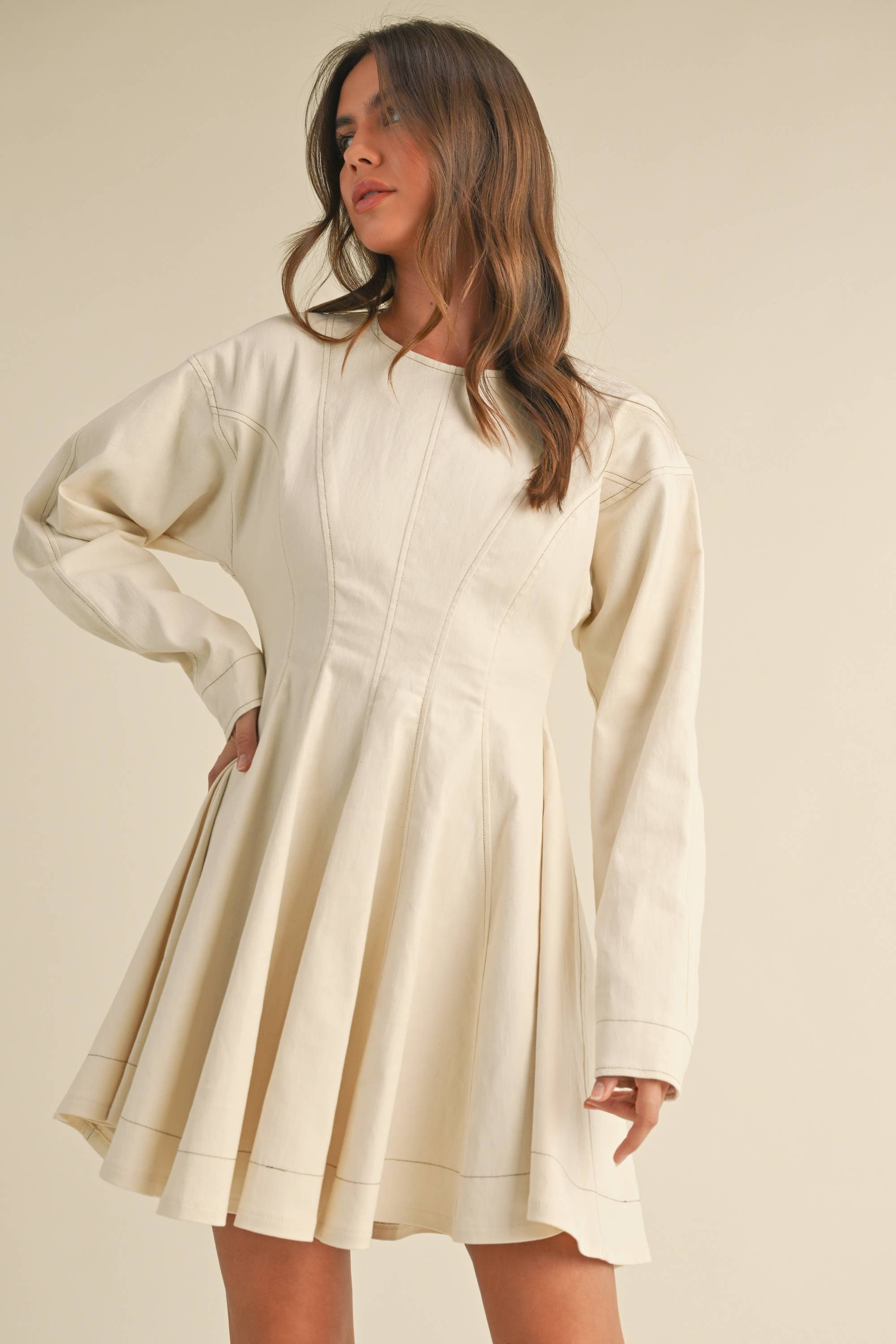 Flared Denim Mini Dress: Cream