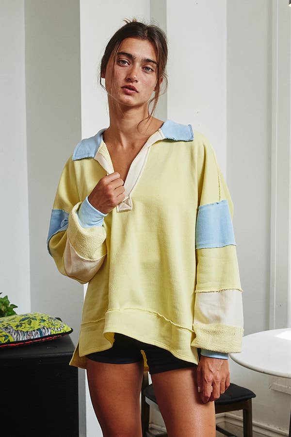 Color-block Collared Top: Yellow