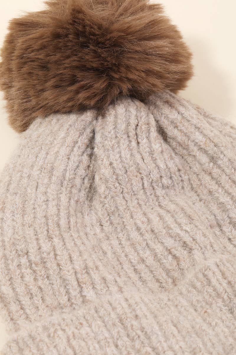 Khaki Pom Ribbed Beanie
