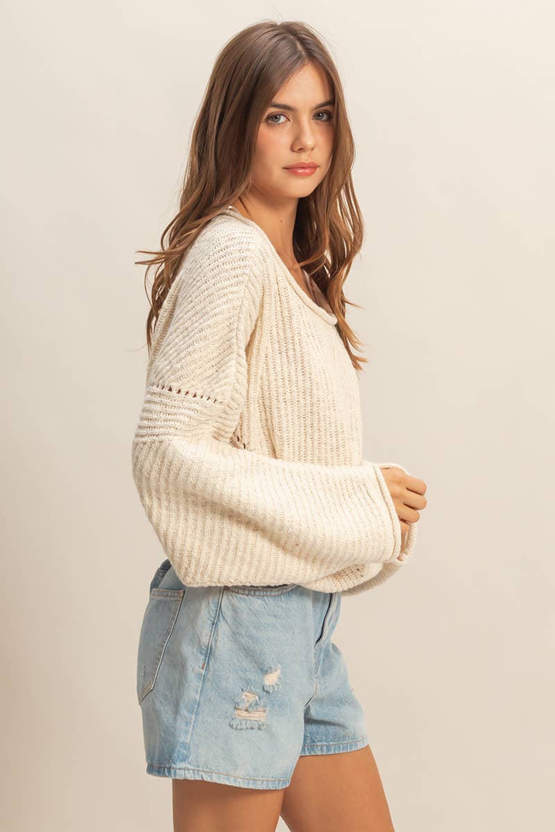 Ribbed Drop Sleeve Sweater:Cream