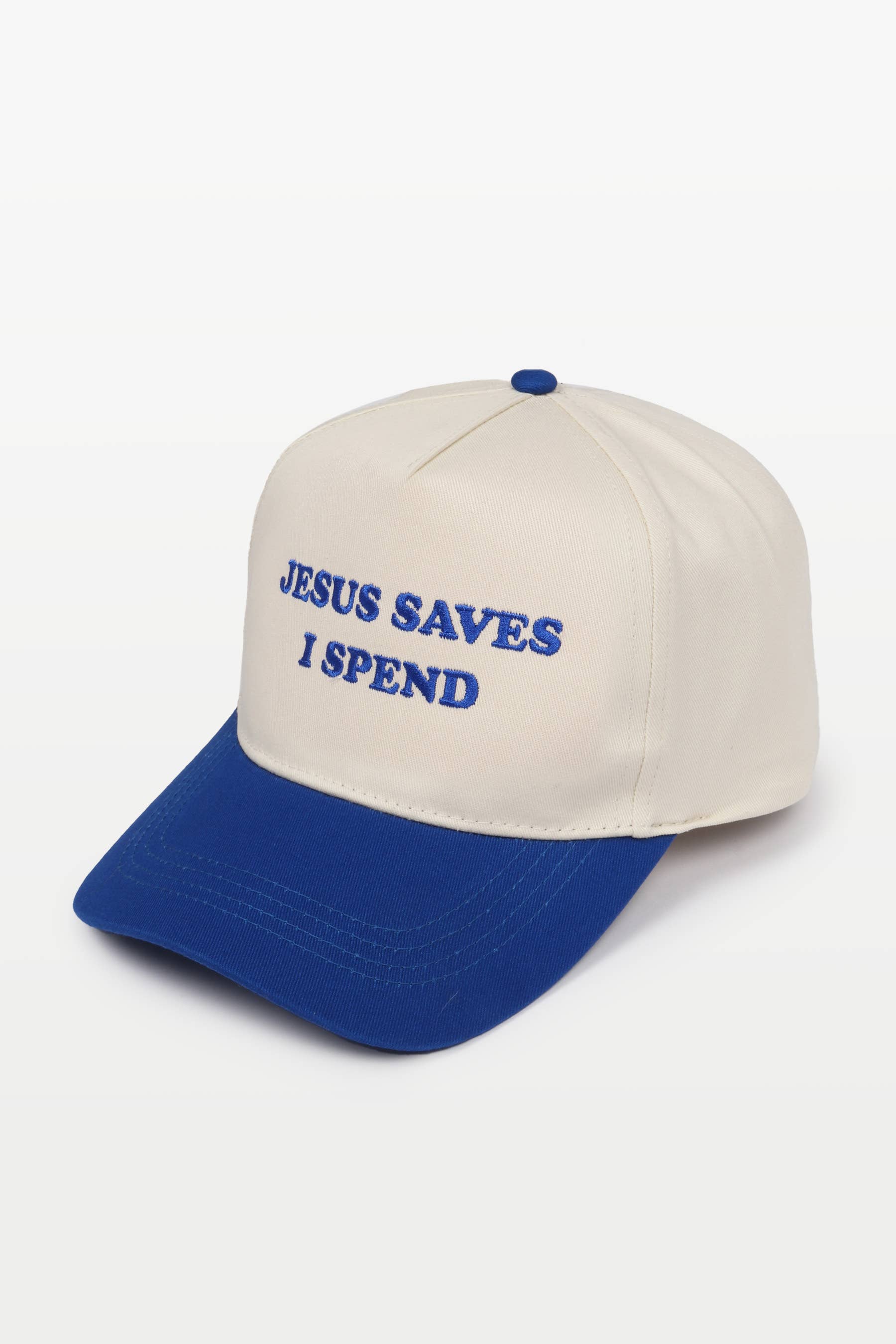 Jesus Saves I Spend Hat: Cobalt