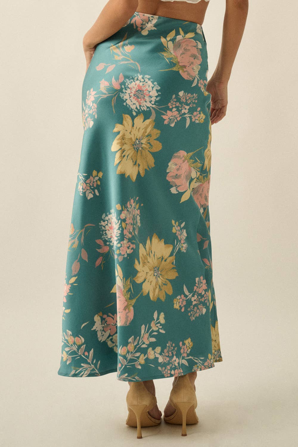 Textured Floral Maxi Skirt:Teal