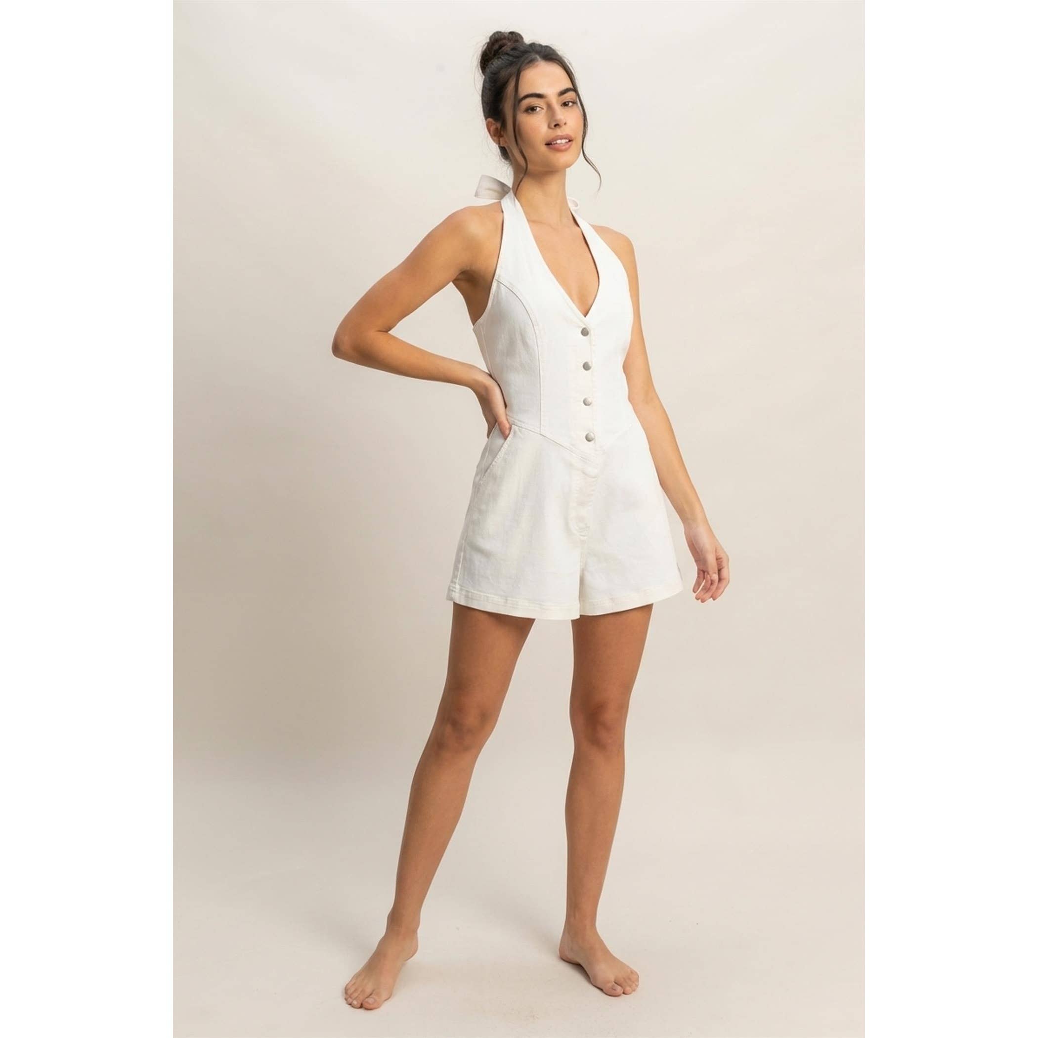 Denim Halter Romper: White