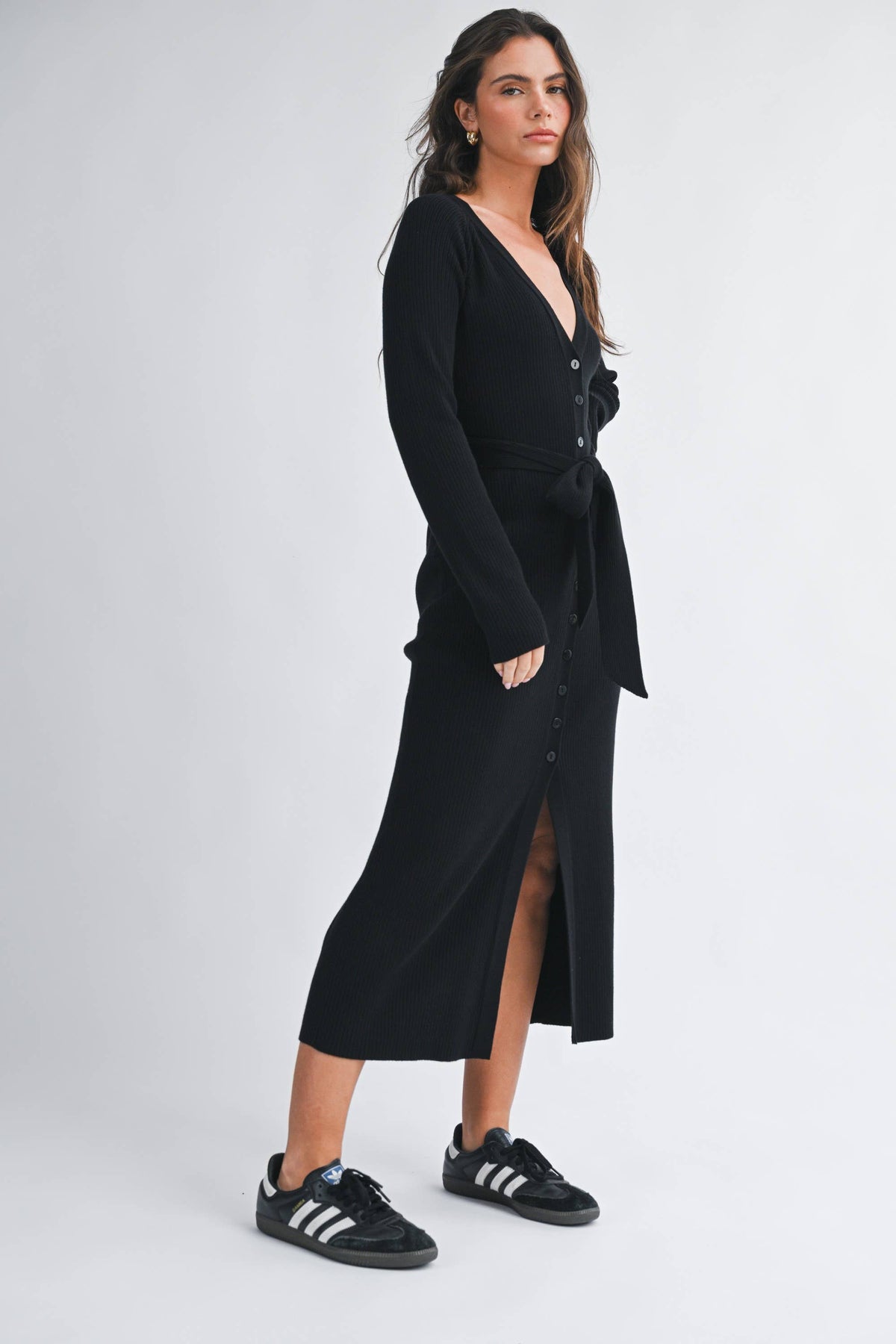 Ribbed Button Midi Dress: Black