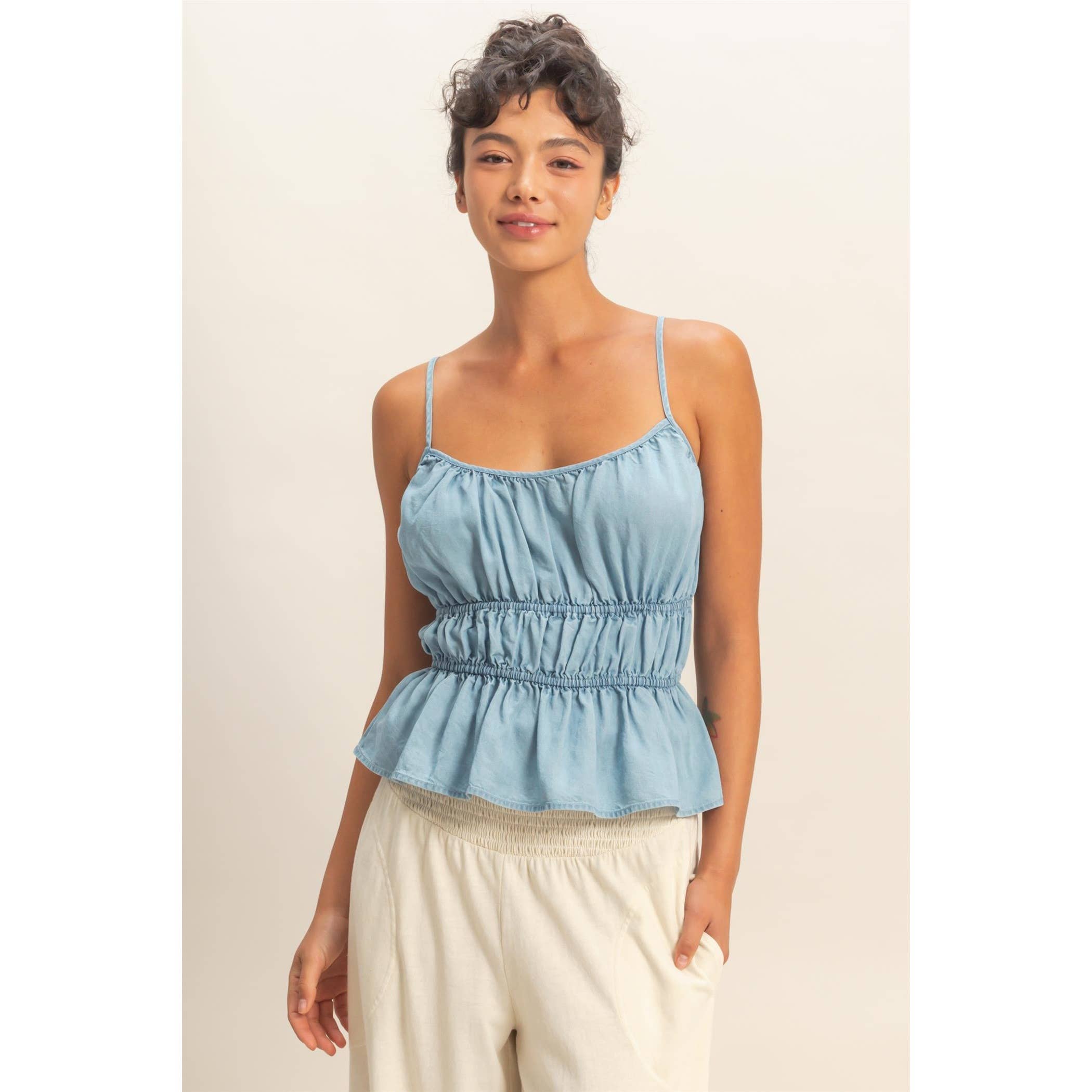 Cinched Waist Peplum Top: Lt. Blue