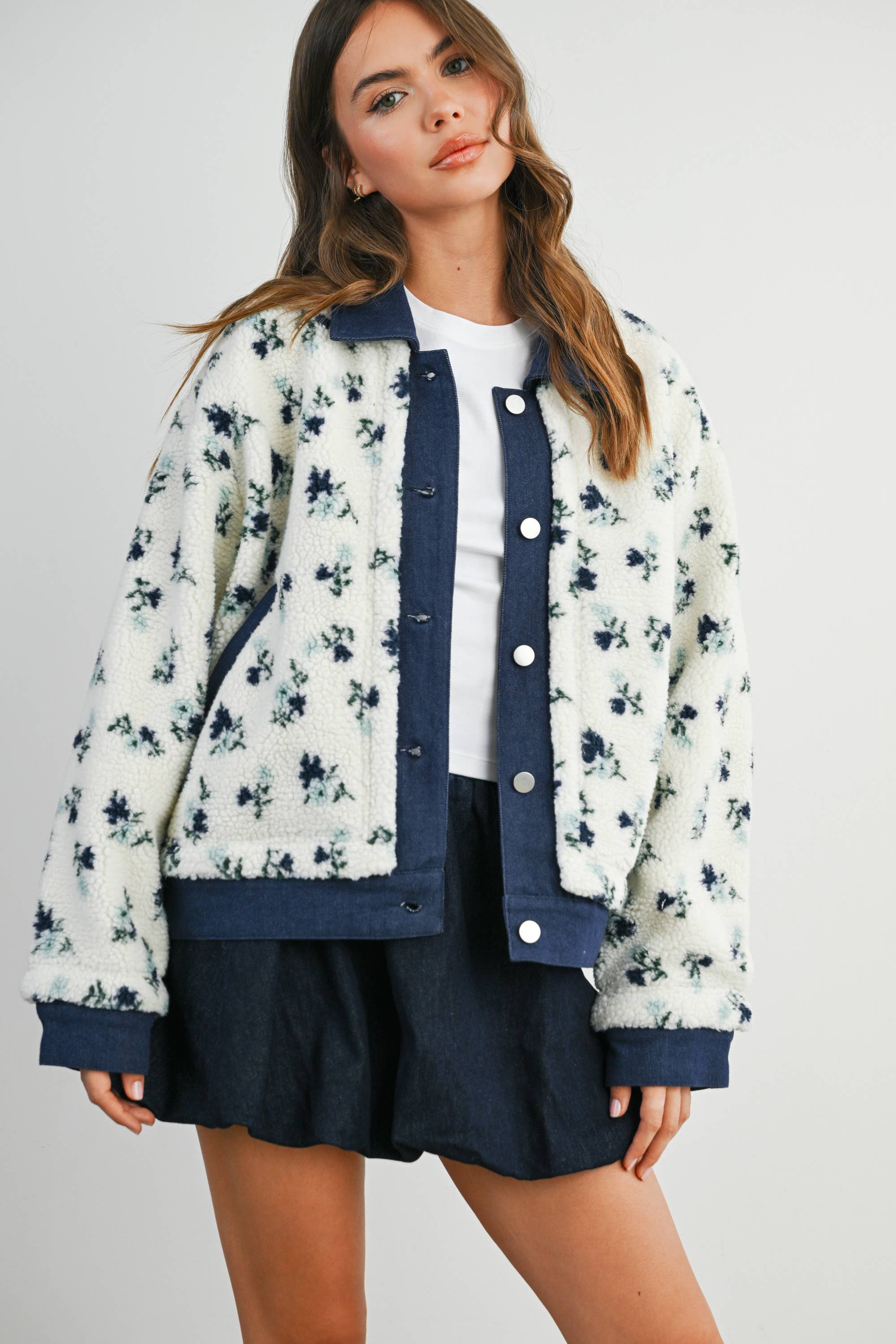 Floral Button-Down Jacket - Navy
