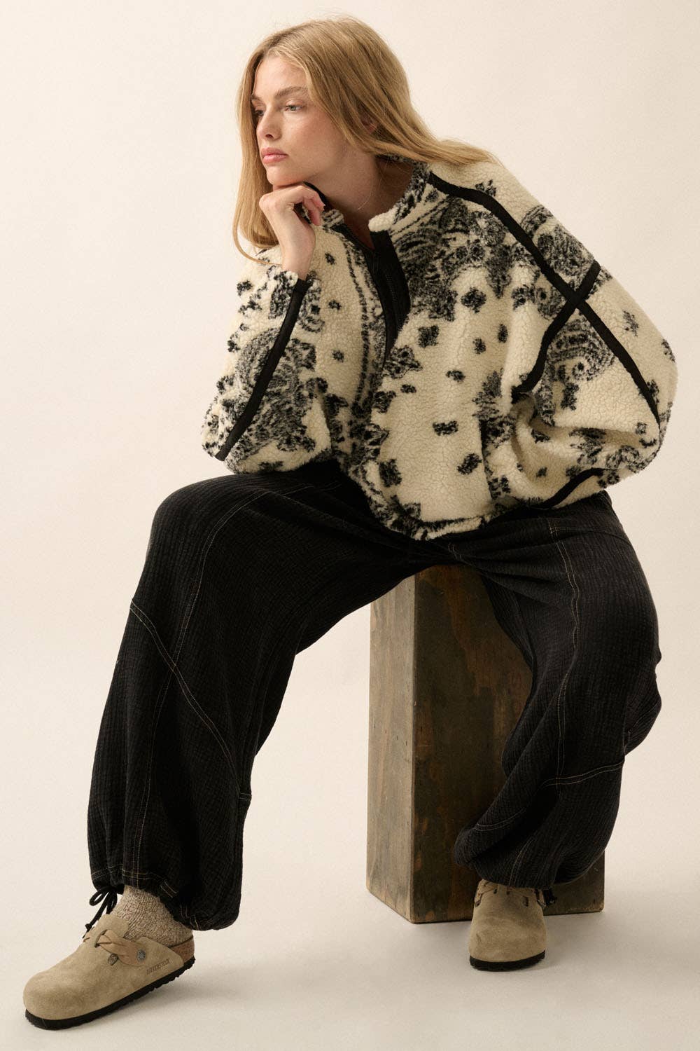 Paisley Fleece Pullover: Cream