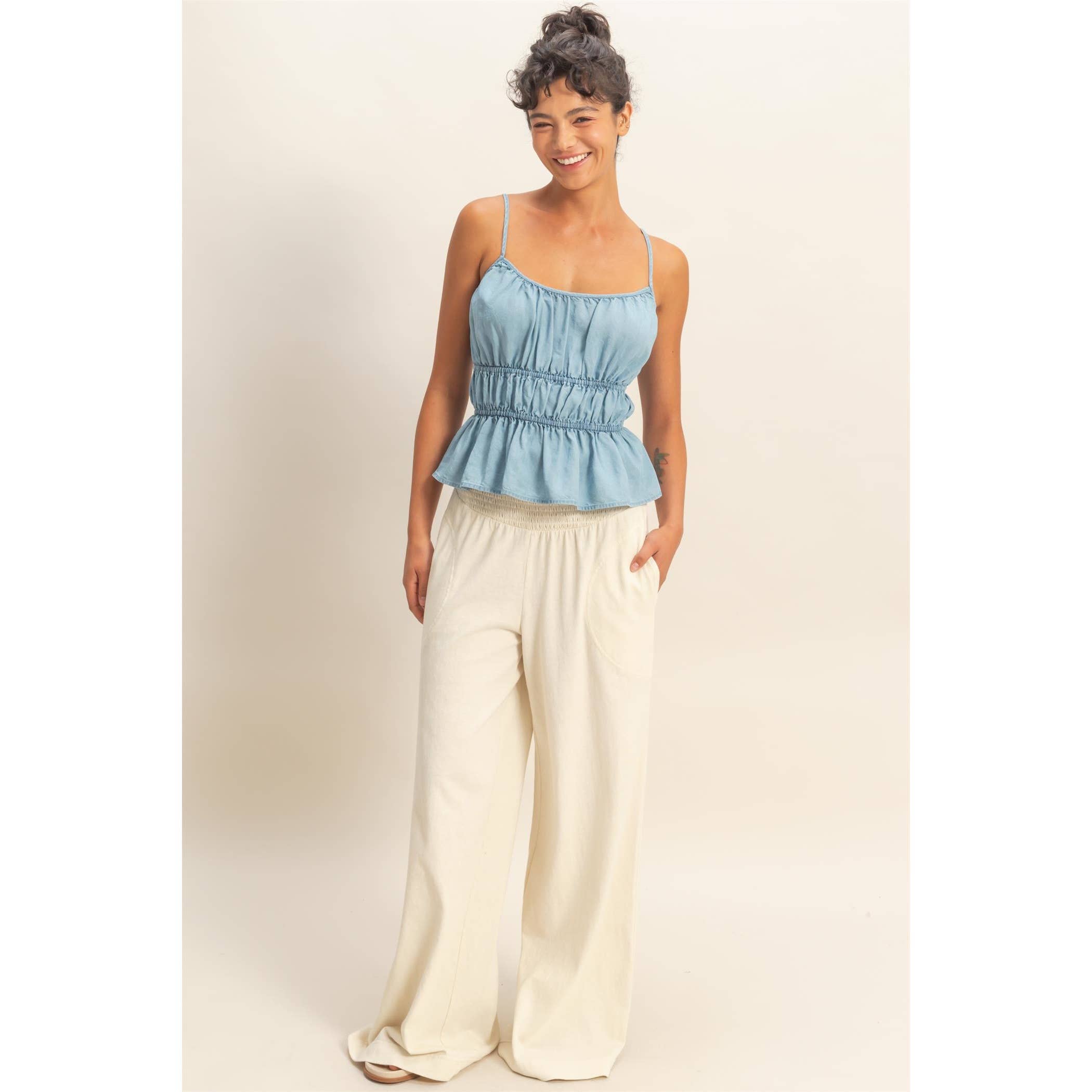 Cinched Waist Peplum Top: Lt. Blue