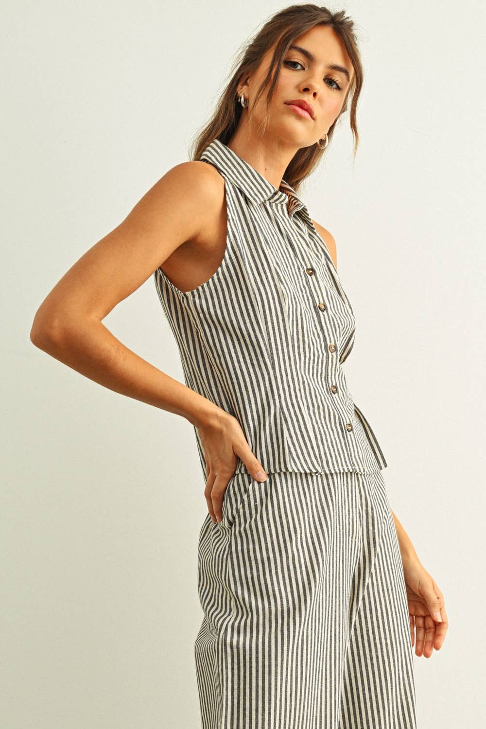 Striped Collard Blouse: Brown