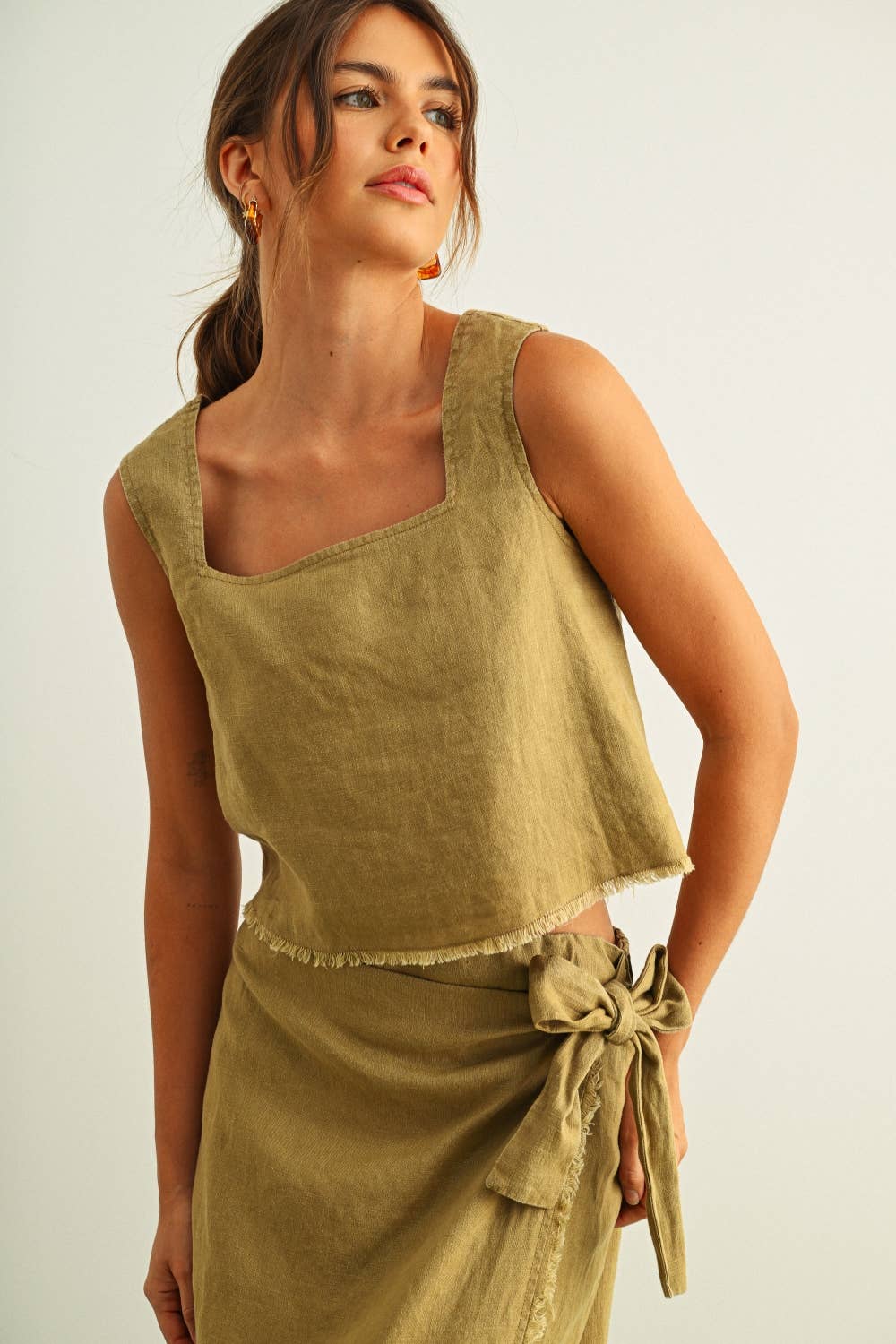 Square Neck Raw Hem Top: Brown