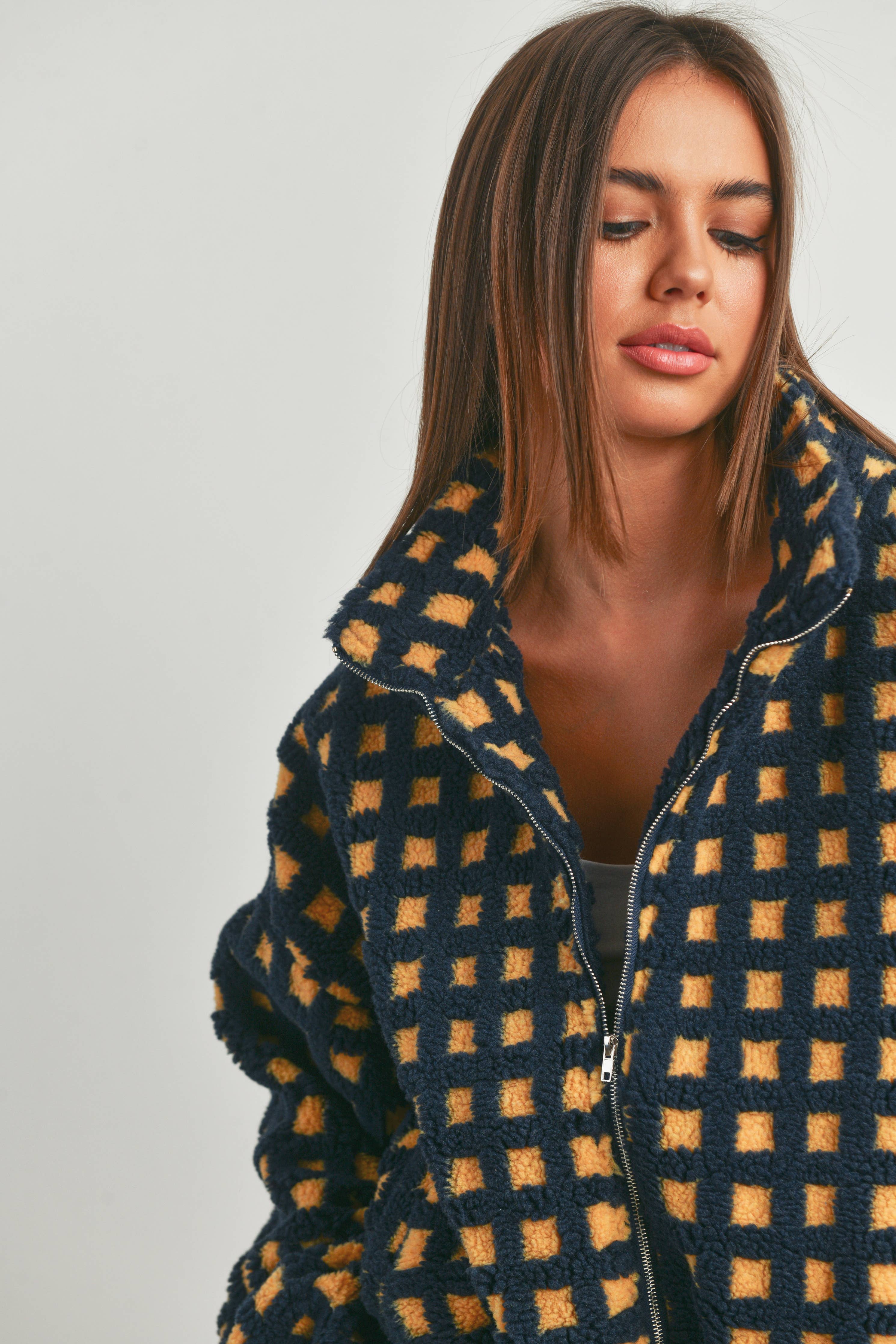 Fuzzy Sherpa Jacket: Navy Multi