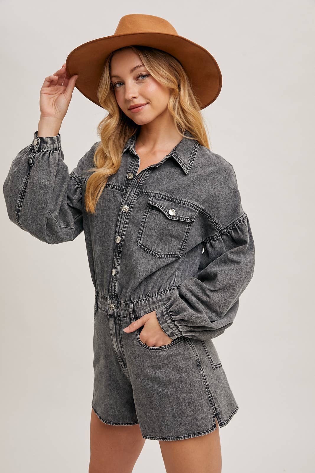 Washed Balloon Sleeve Romper
