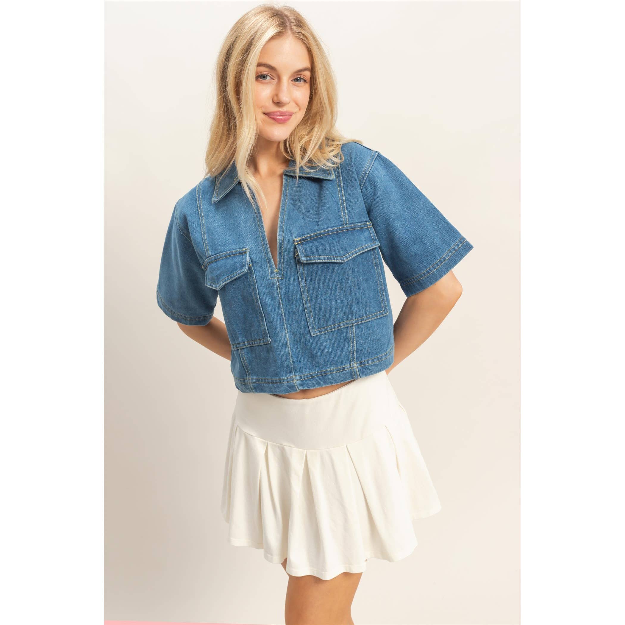 Denim V-Neck Cropped Top: