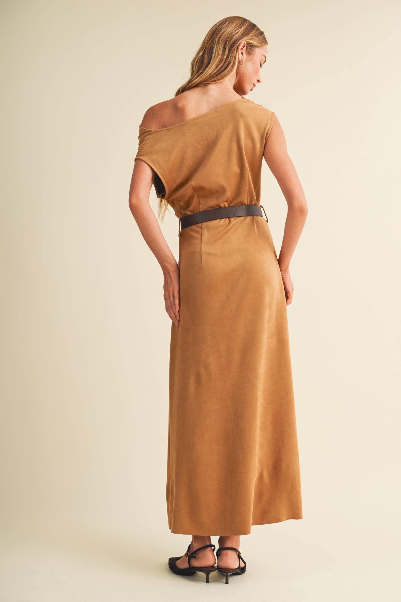 Sueded Asymmetric Dress: Camel