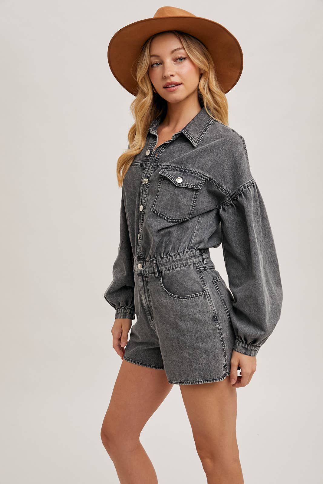 Washed Balloon Sleeve Romper