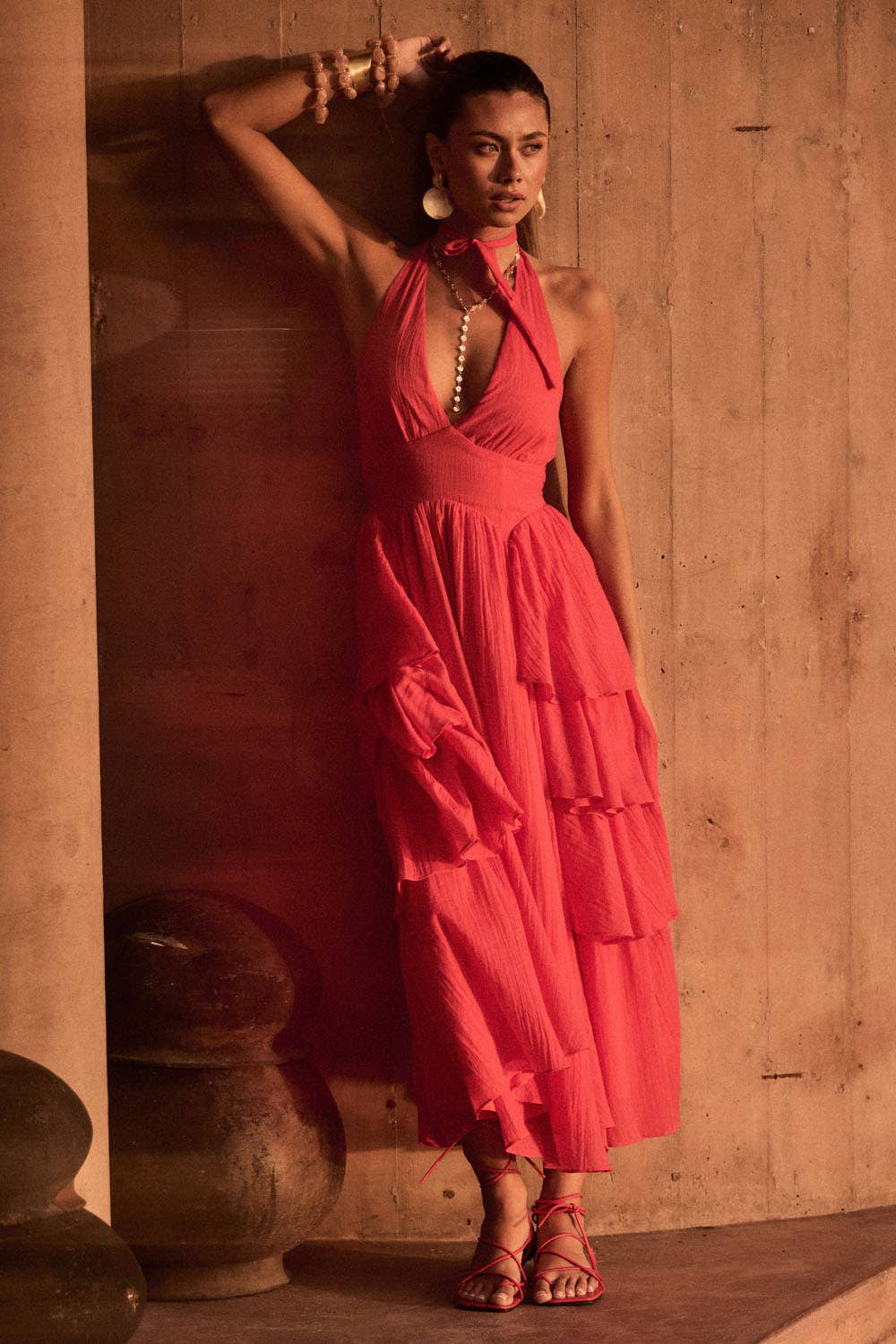 Ruffle Halter Maxi Dress: Cherry Tomato