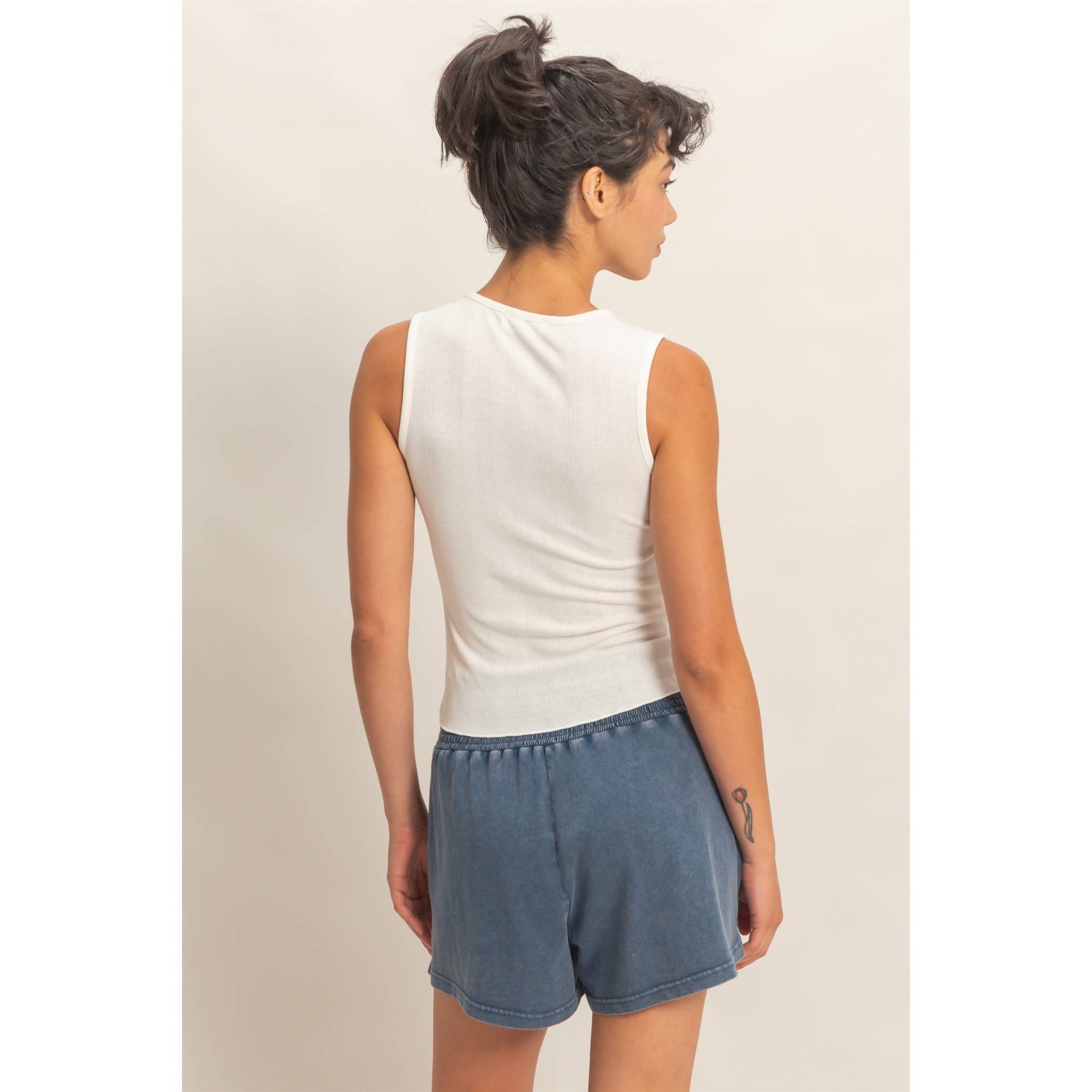 Pointelle Button Front Top: White