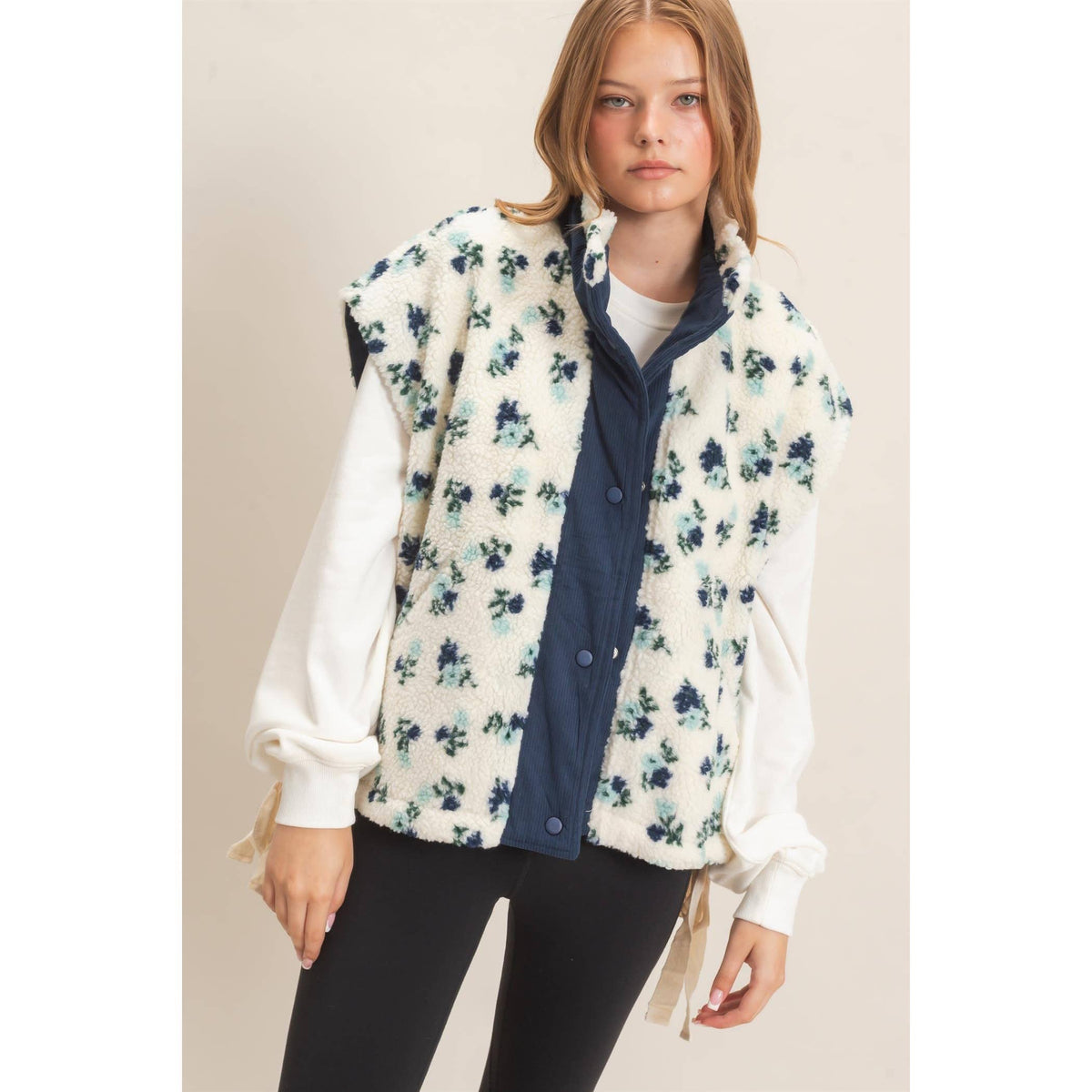 Floral Sherpa Corduroy Vest: Blue